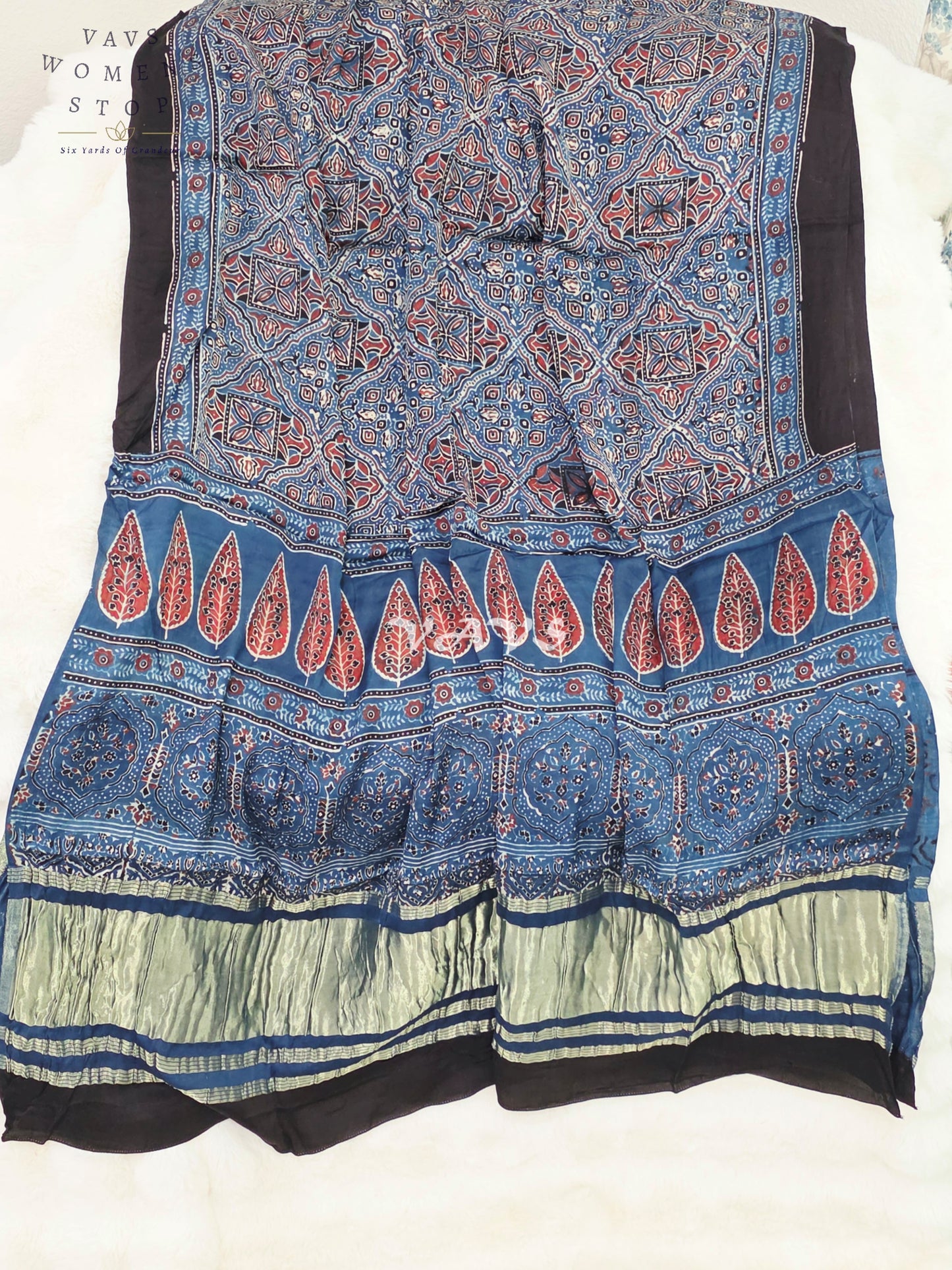 Royal Indigo Blue, Black & Antique Gold Pure Modal Silk Ajrakh Handblock Print Dupatta | 2.5 Meter Designer Ethnic Dupatta for Lehengas & Dresses