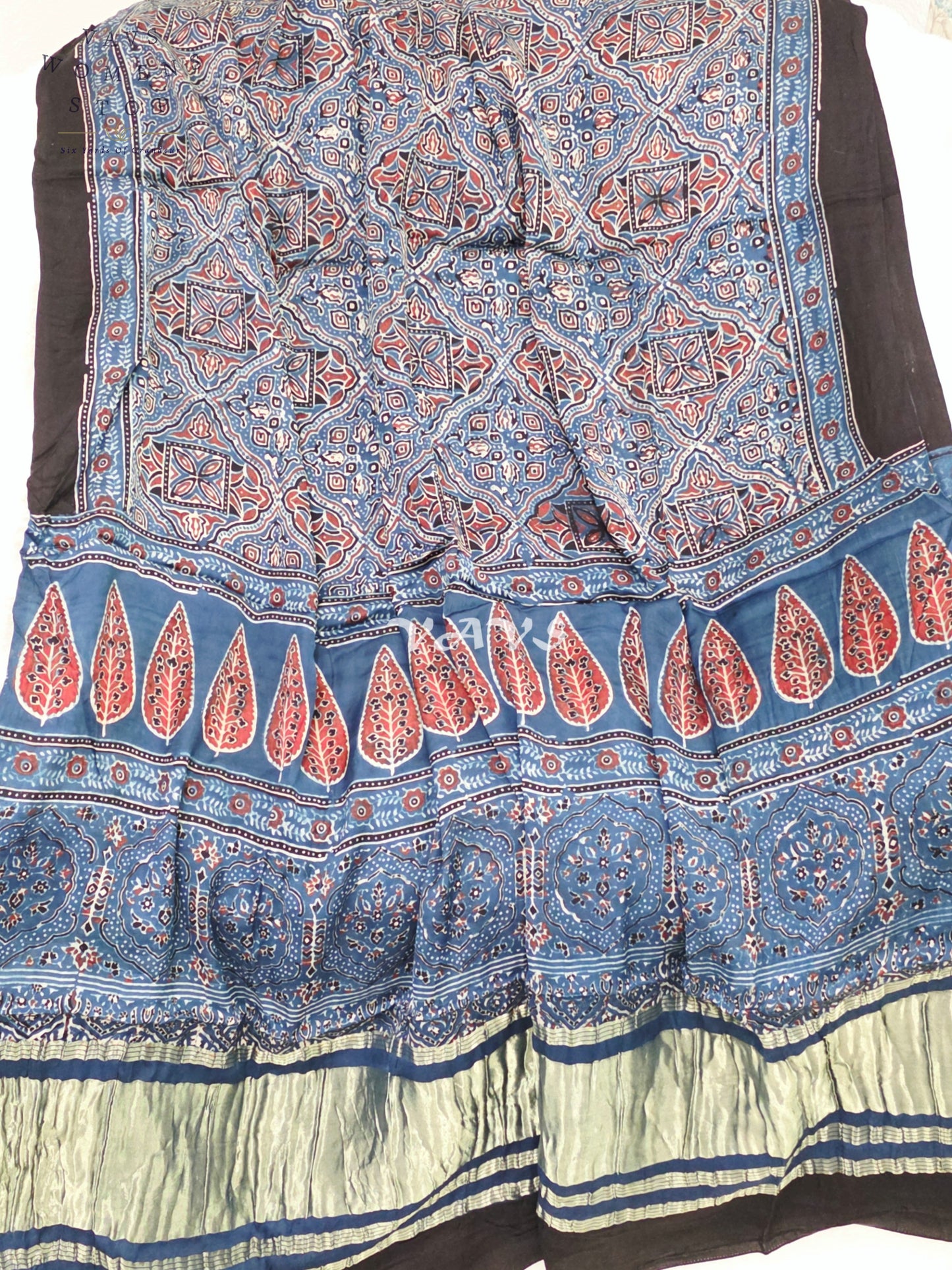 Royal Indigo Blue, Black & Antique Gold Pure Modal Silk Ajrakh Handblock Print Dupatta | 2.5 Meter Designer Ethnic Dupatta for Lehengas & Dresses