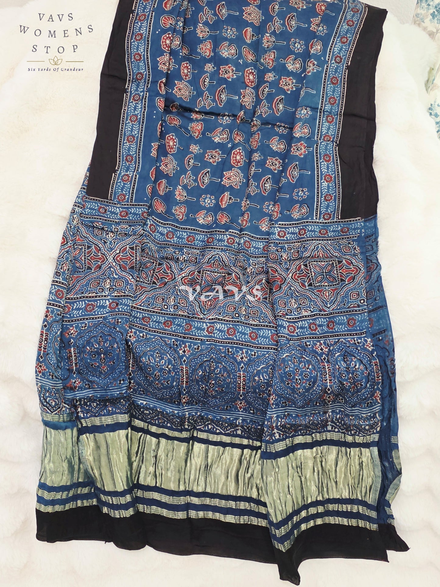 Royal Indigo Blue, Black & Antique Gold Pure Modal Silk Ajrakh Handblock Print Dupatta | 2.5 Meter Designer Ethnic Dupatta for Lehengas & Dresses