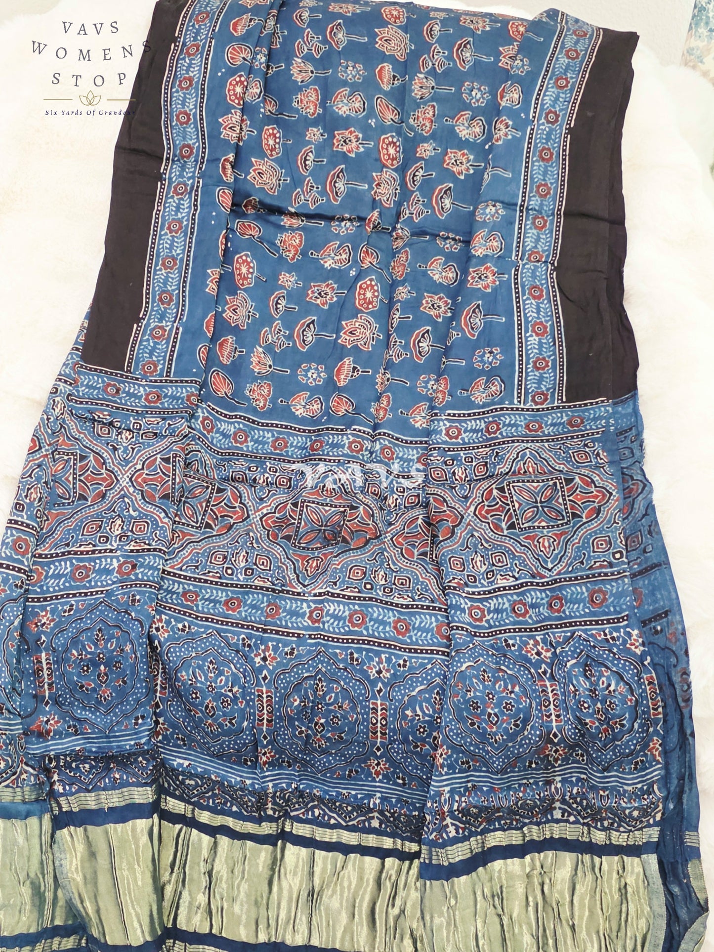 Royal Indigo Blue, Black & Antique Gold Pure Modal Silk Ajrakh Handblock Print Dupatta | 2.5 Meter Designer Ethnic Dupatta for Lehengas & Dresses