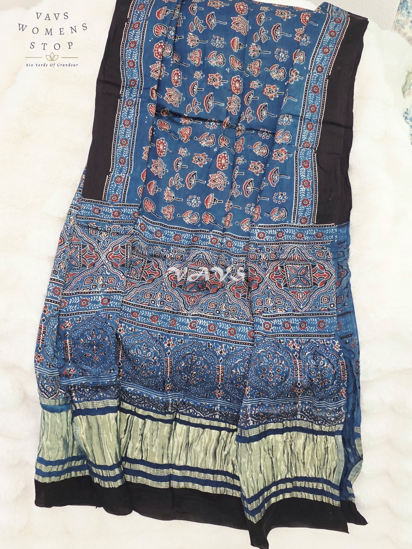 Royal Indigo Blue, Black & Antique Gold Pure Modal Silk Ajrakh Handblock Print Dupatta | 2.5 Meter Designer Ethnic Dupatta for Lehengas & Dresses