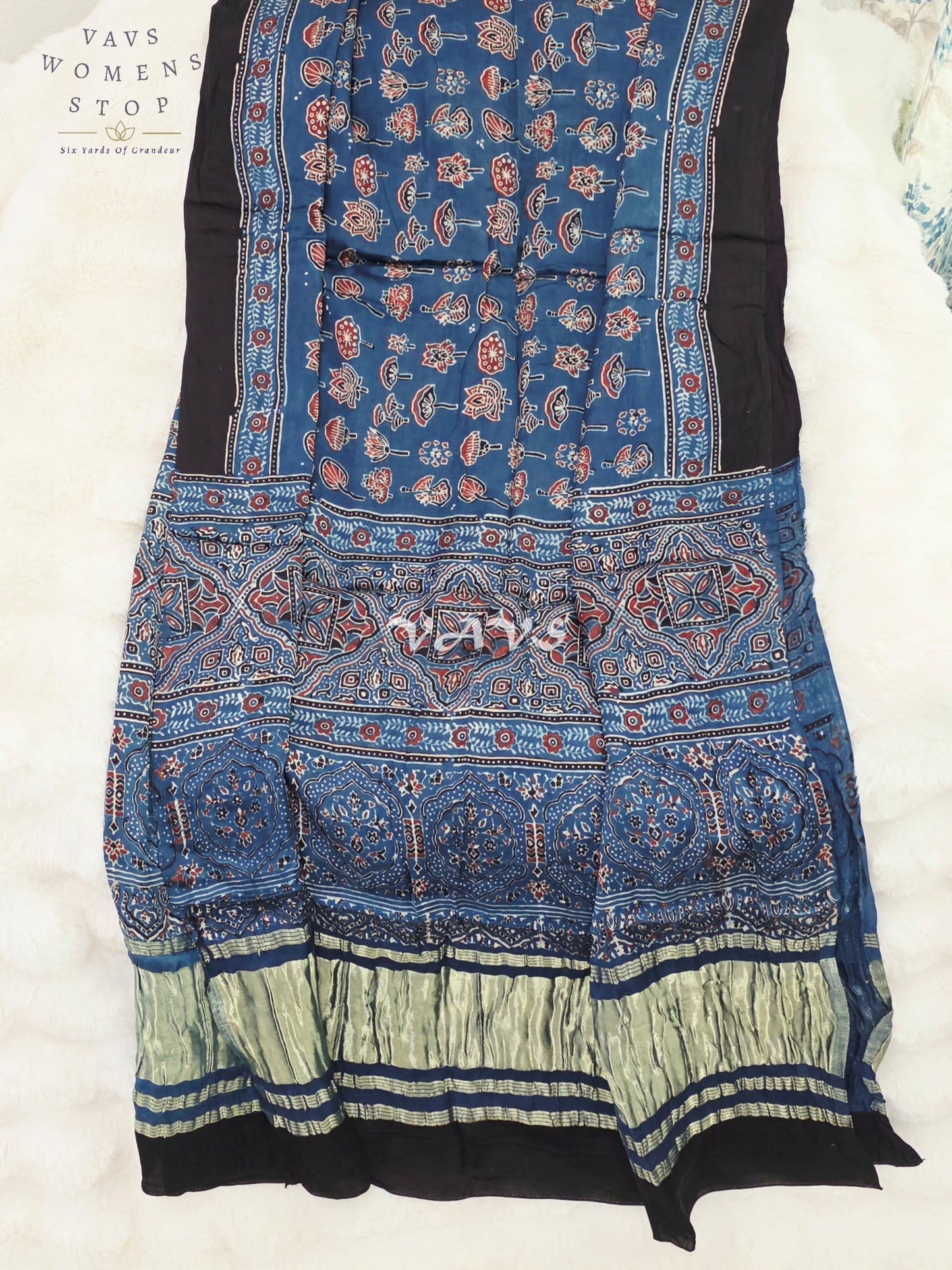 Royal Indigo Blue, Black & Antique Gold Pure Modal Silk Ajrakh Handblock Print Dupatta | 2.5 Meter Designer Ethnic Dupatta for Lehengas & Dresses