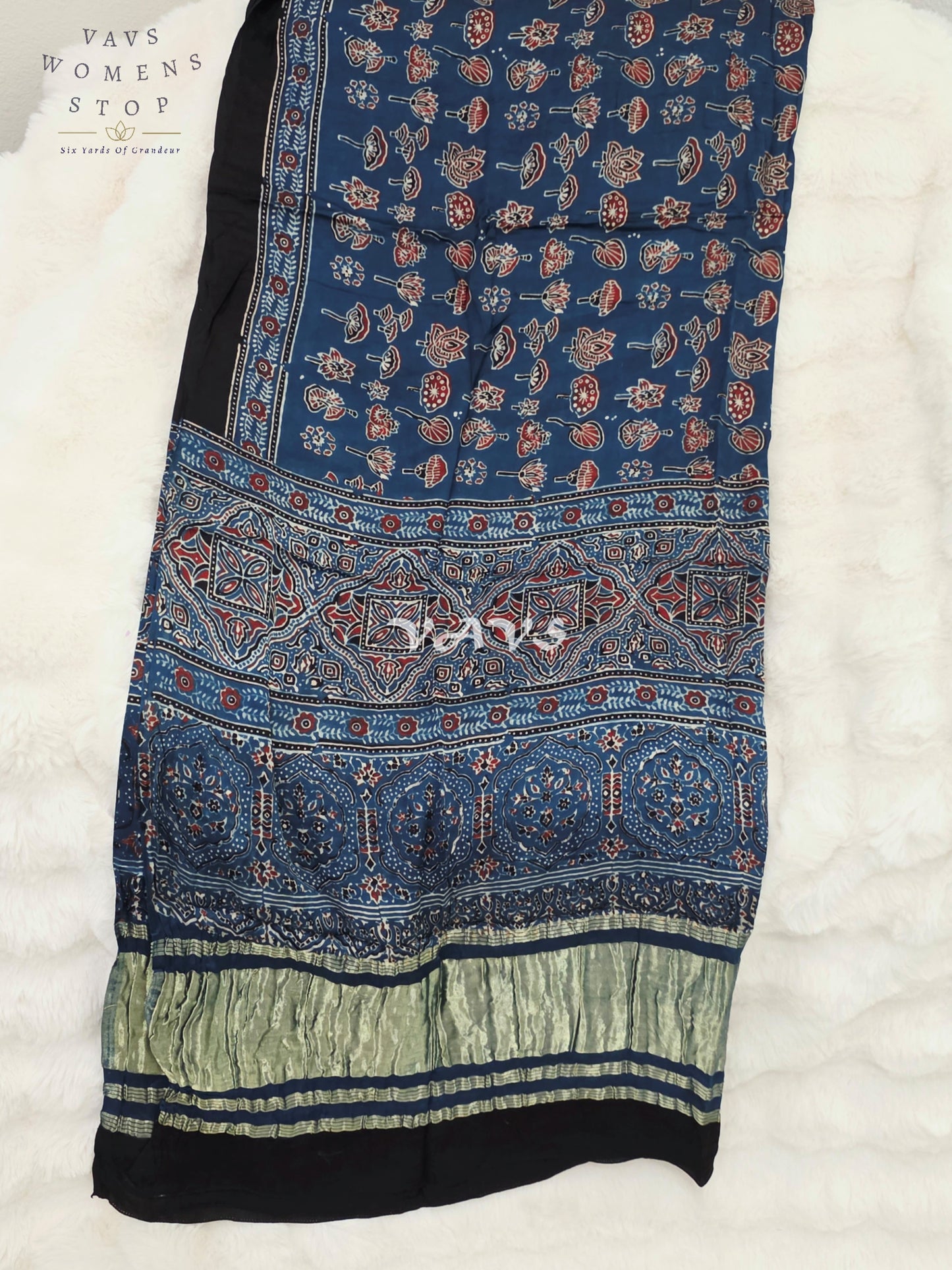 Royal Indigo Blue, Black & Antique Gold Pure Modal Silk Ajrakh Handblock Print Dupatta | 2.5 Meter Designer Ethnic Dupatta for Lehengas & Dresses