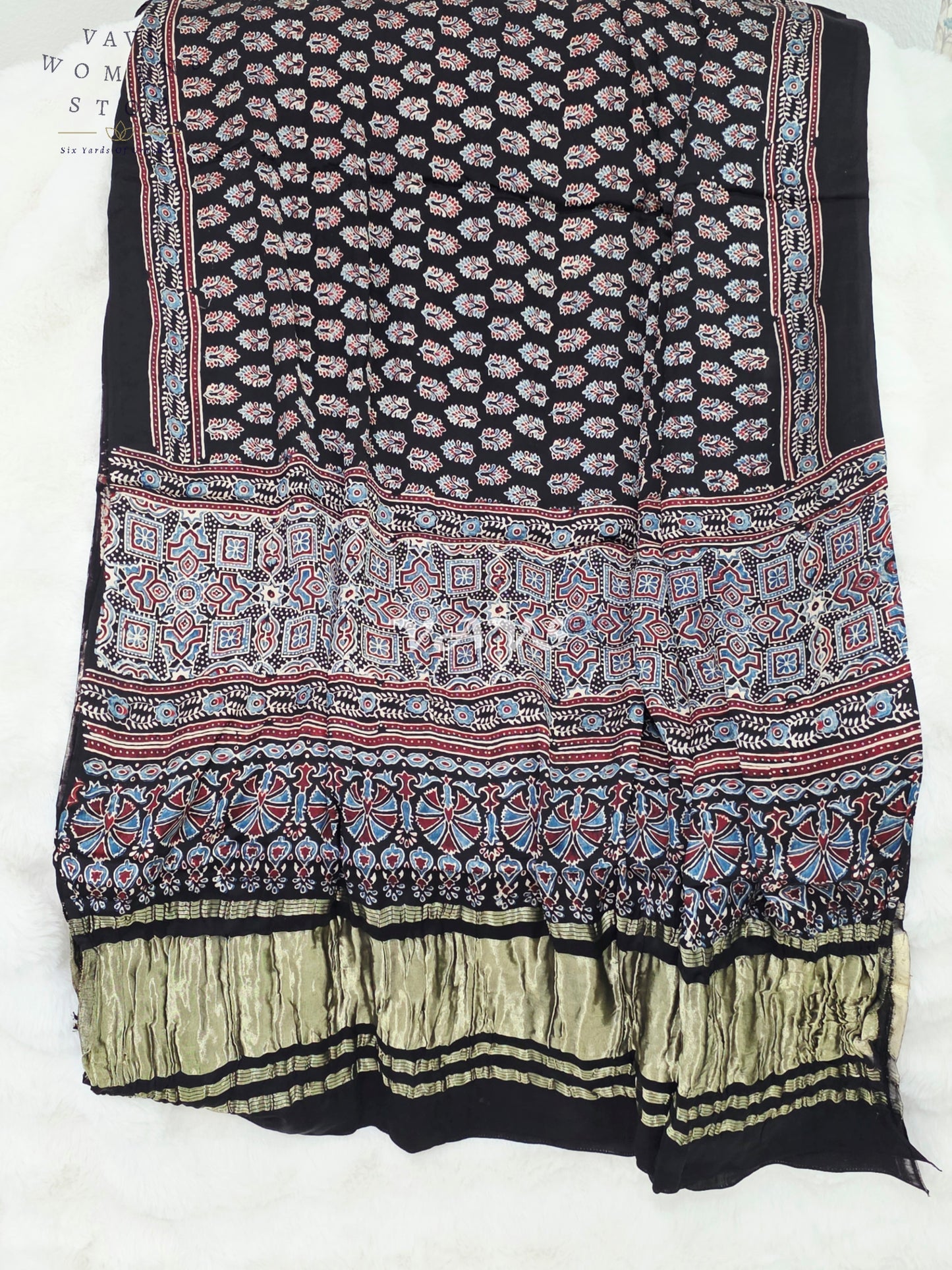 Royal Midnight Black, Powder Blue & Antique Gold Pure Modal Silk Ajrakh Handblock Print Dupatta | 2.5 Meter Designer Ethnic Dupatta for Lehengas & Dresses