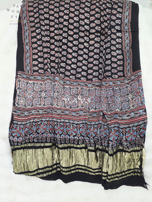 Royal Midnight Black, Powder Blue & Antique Gold Pure Modal Silk Ajrakh Handblock Print Dupatta | 2.5 Meter Designer Ethnic Dupatta for Lehengas & Dresses