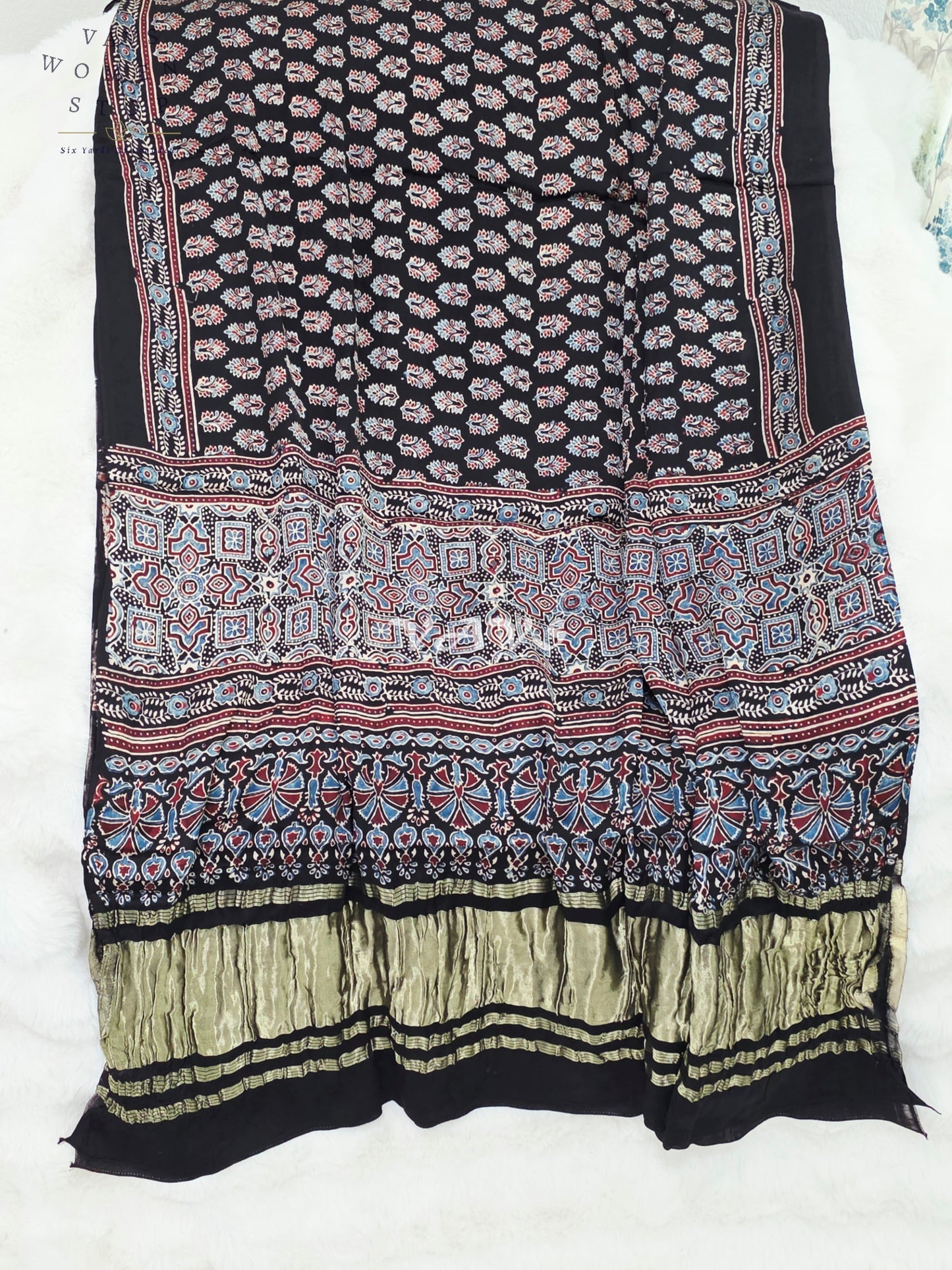Royal Midnight Black, Powder Blue & Antique Gold Pure Modal Silk Ajrakh Handblock Print Dupatta | 2.5 Meter Designer Ethnic Dupatta for Lehengas & Dresses