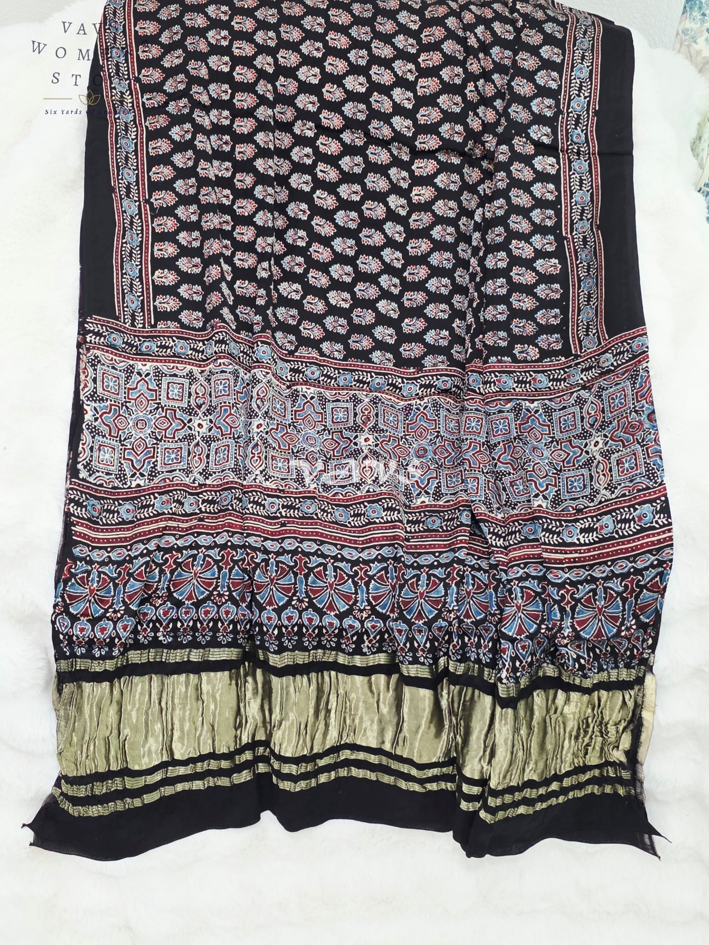 Royal Midnight Black, Powder Blue & Antique Gold Pure Modal Silk Ajrakh Handblock Print Dupatta | 2.5 Meter Designer Ethnic Dupatta for Lehengas & Dresses