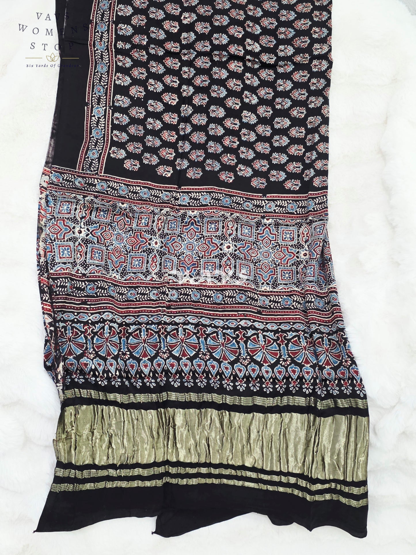 Royal Midnight Black, Powder Blue & Antique Gold Pure Modal Silk Ajrakh Handblock Print Dupatta | 2.5 Meter Designer Ethnic Dupatta for Lehengas & Dresses