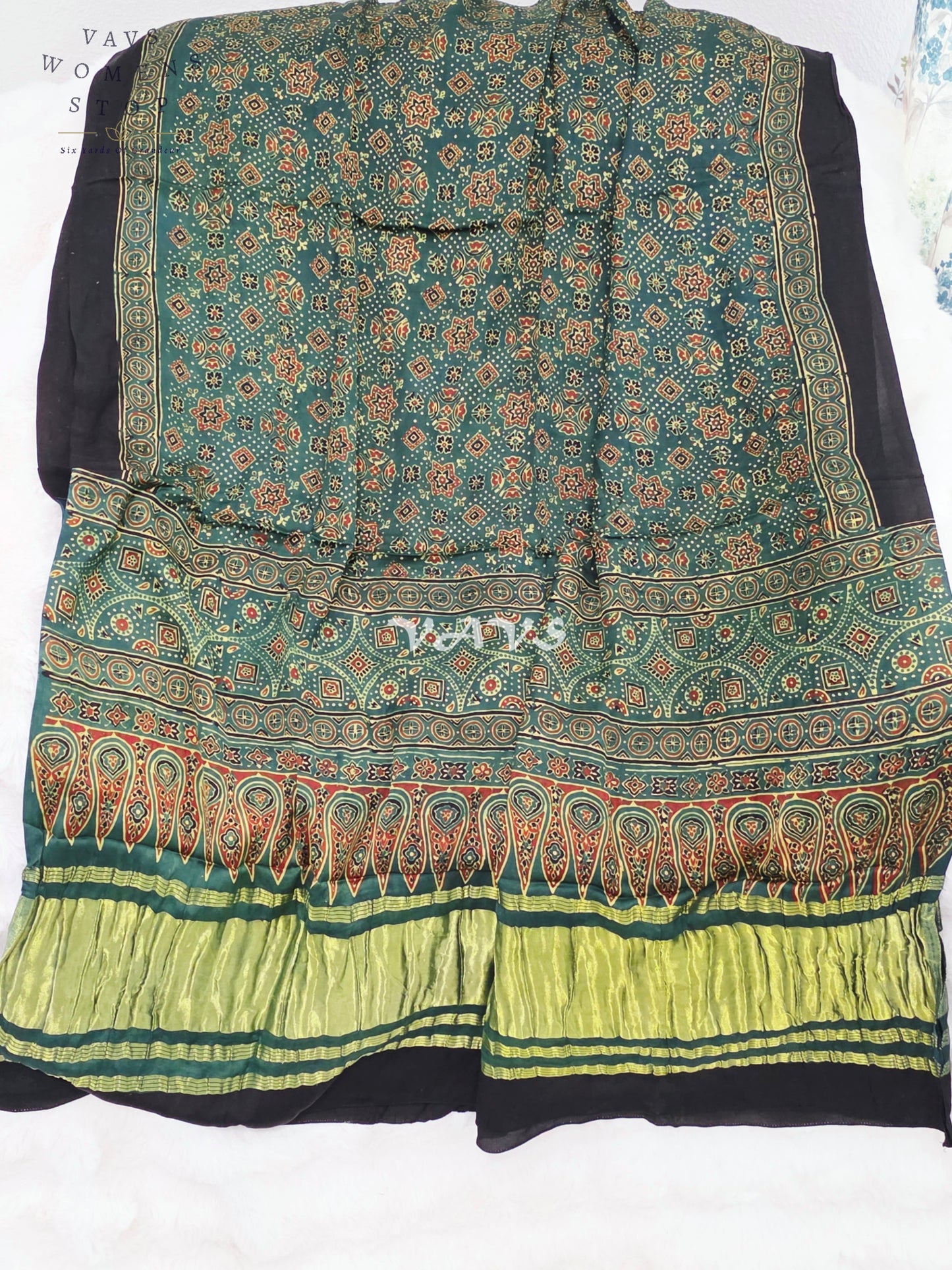 Royal Emerald Teal Green, Black & Antique Gold Pure Modal Silk Ajrakh Handblock Print Dupatta | 2.5 Meter Designer Ethnic Dupatta for Lehengas & Dresses