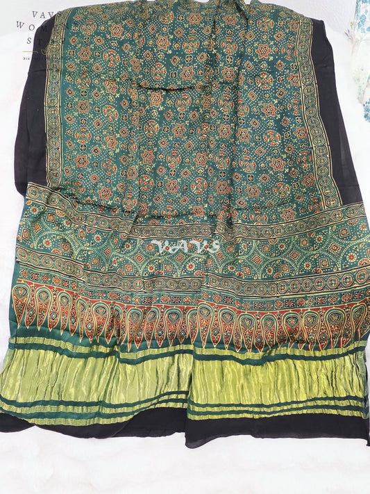 Royal Emerald Teal Green, Black & Antique Gold Pure Modal Silk Ajrakh Handblock Print Dupatta | 2.5 Meter Designer Ethnic Dupatta for Lehengas & Dresses