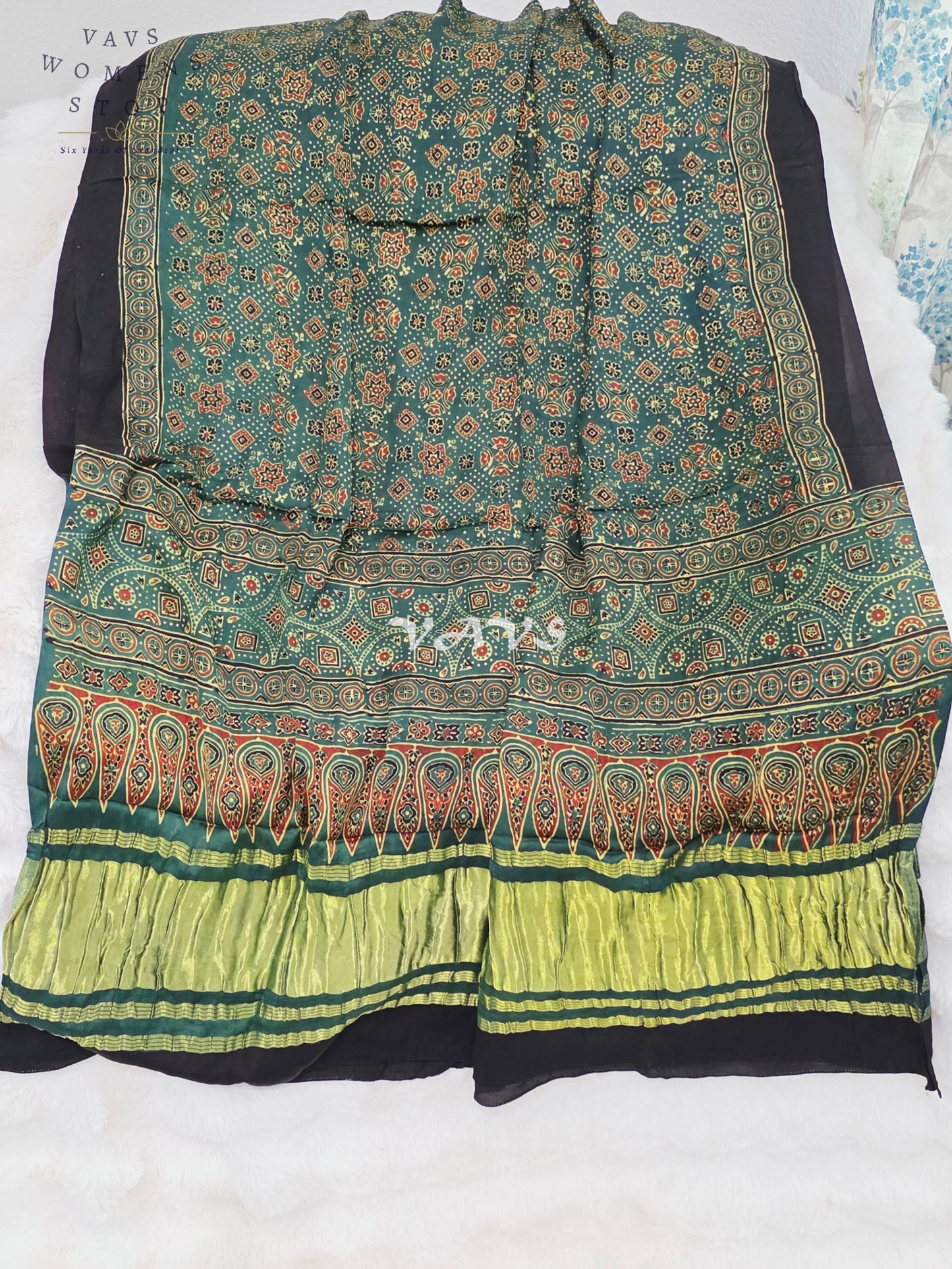 Royal Emerald Teal Green, Black & Antique Gold Pure Modal Silk Ajrakh Handblock Print Dupatta | 2.5 Meter Designer Ethnic Dupatta for Lehengas & Dresses