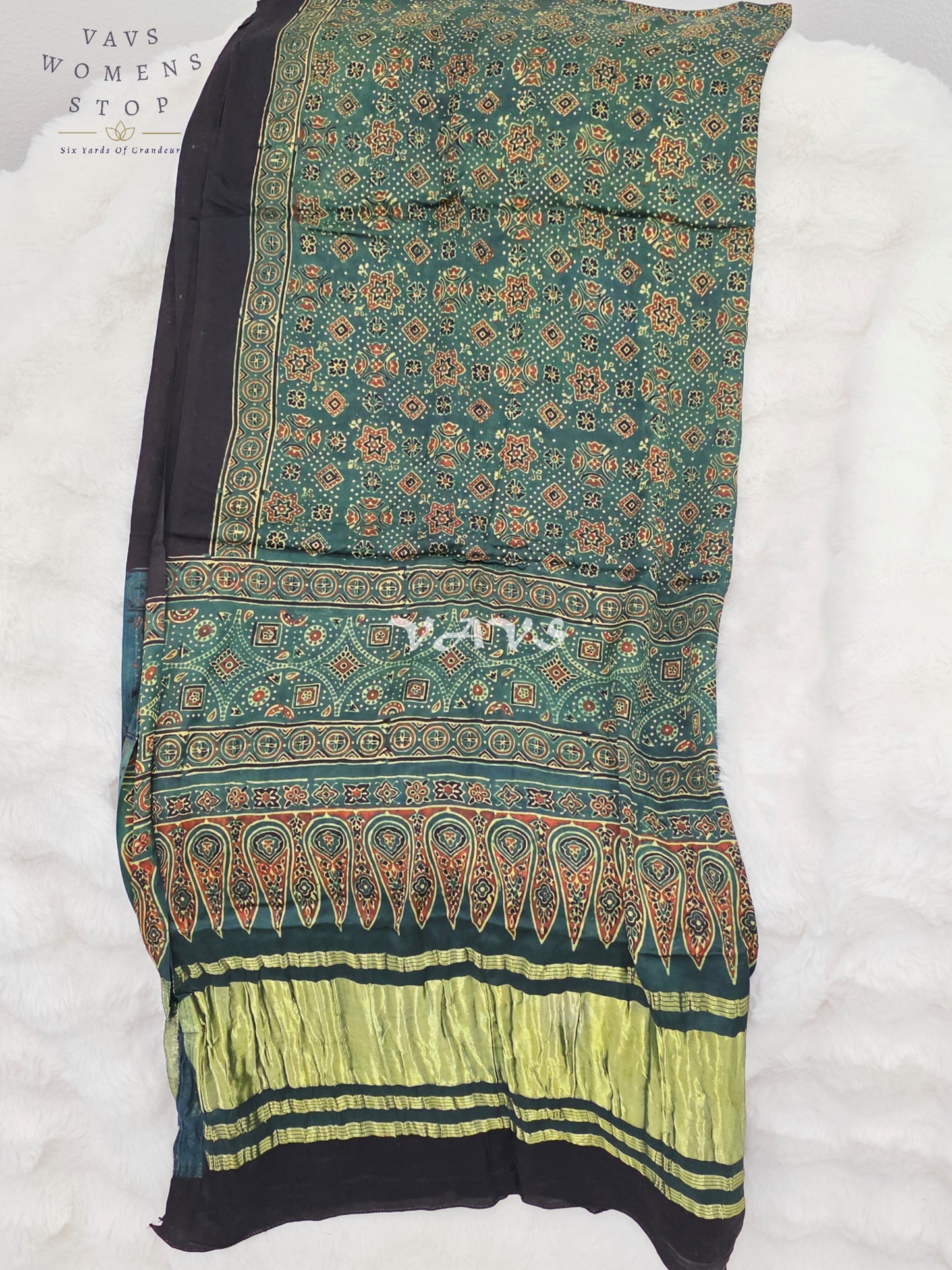 Royal Emerald Teal Green, Black & Antique Gold Pure Modal Silk Ajrakh Handblock Print Dupatta | 2.5 Meter Designer Ethnic Dupatta for Lehengas & Dresses