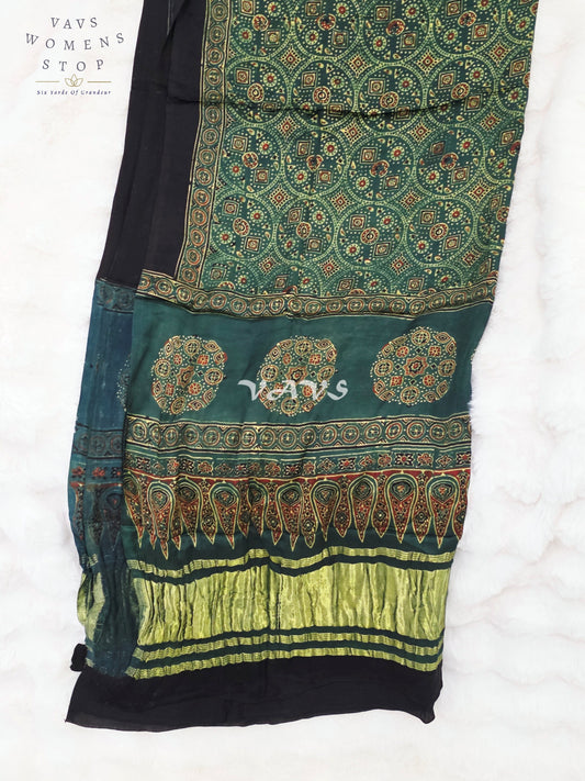 Royal Emerald Teal Green, Black & Antique Gold Pure Modal Silk Ajrakh Handblock Print Dupatta | 2.5 Meter Designer Ethnic Dupatta for Lehengas & Dresses