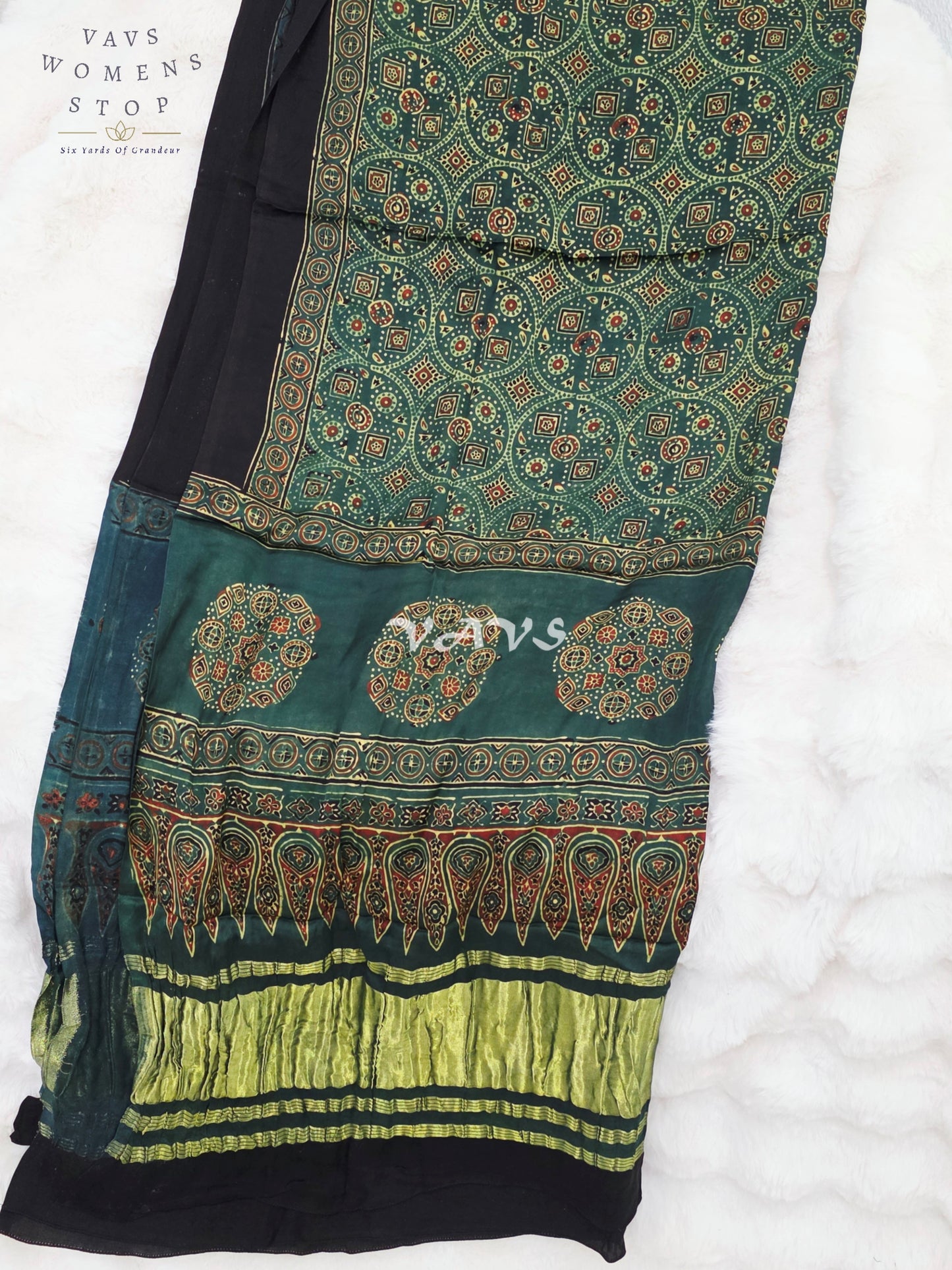 Royal Emerald Teal Green, Black & Antique Gold Pure Modal Silk Ajrakh Handblock Print Dupatta | 2.5 Meter Designer Ethnic Dupatta for Lehengas & Dresses