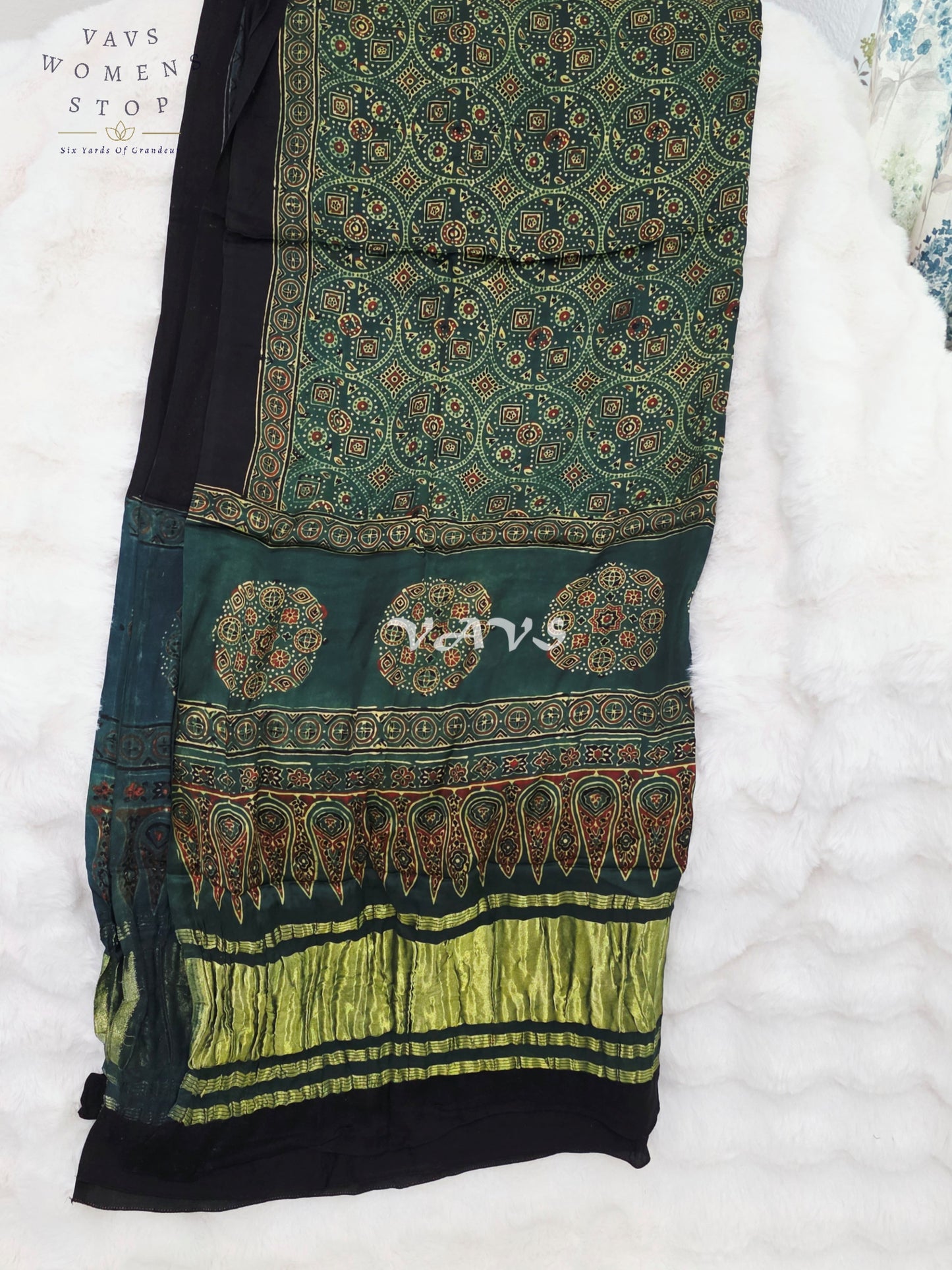 Royal Emerald Teal Green, Black & Antique Gold Pure Modal Silk Ajrakh Handblock Print Dupatta | 2.5 Meter Designer Ethnic Dupatta for Lehengas & Dresses