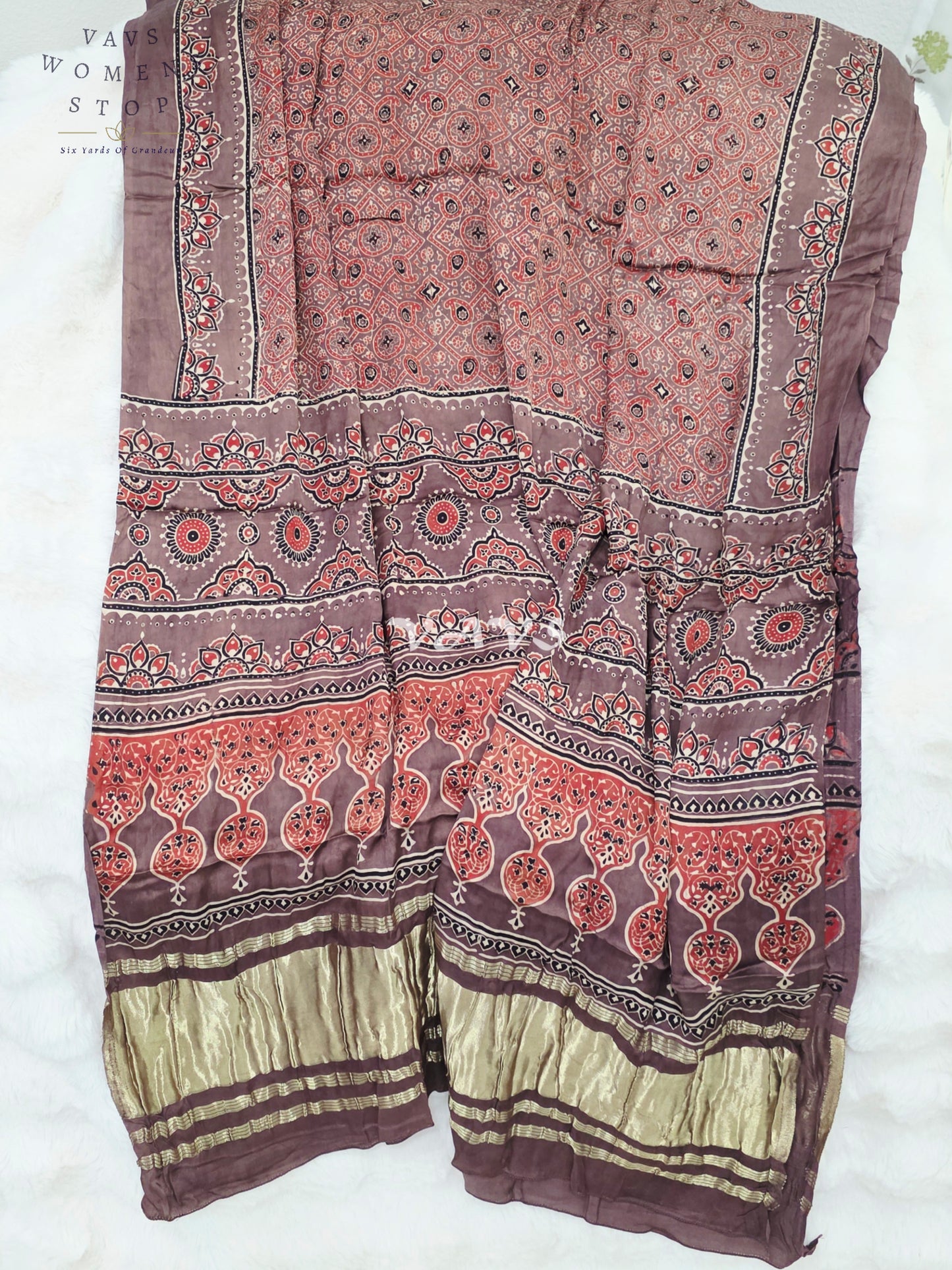 Royal Smoky Taupe, Terracotta Rust & Antique Gold Pure Modal Silk Ajrakh Handblock Print Dupatta | 2.5 Meter Designer Ethnic Dupatta for Lehengas & Dresses
