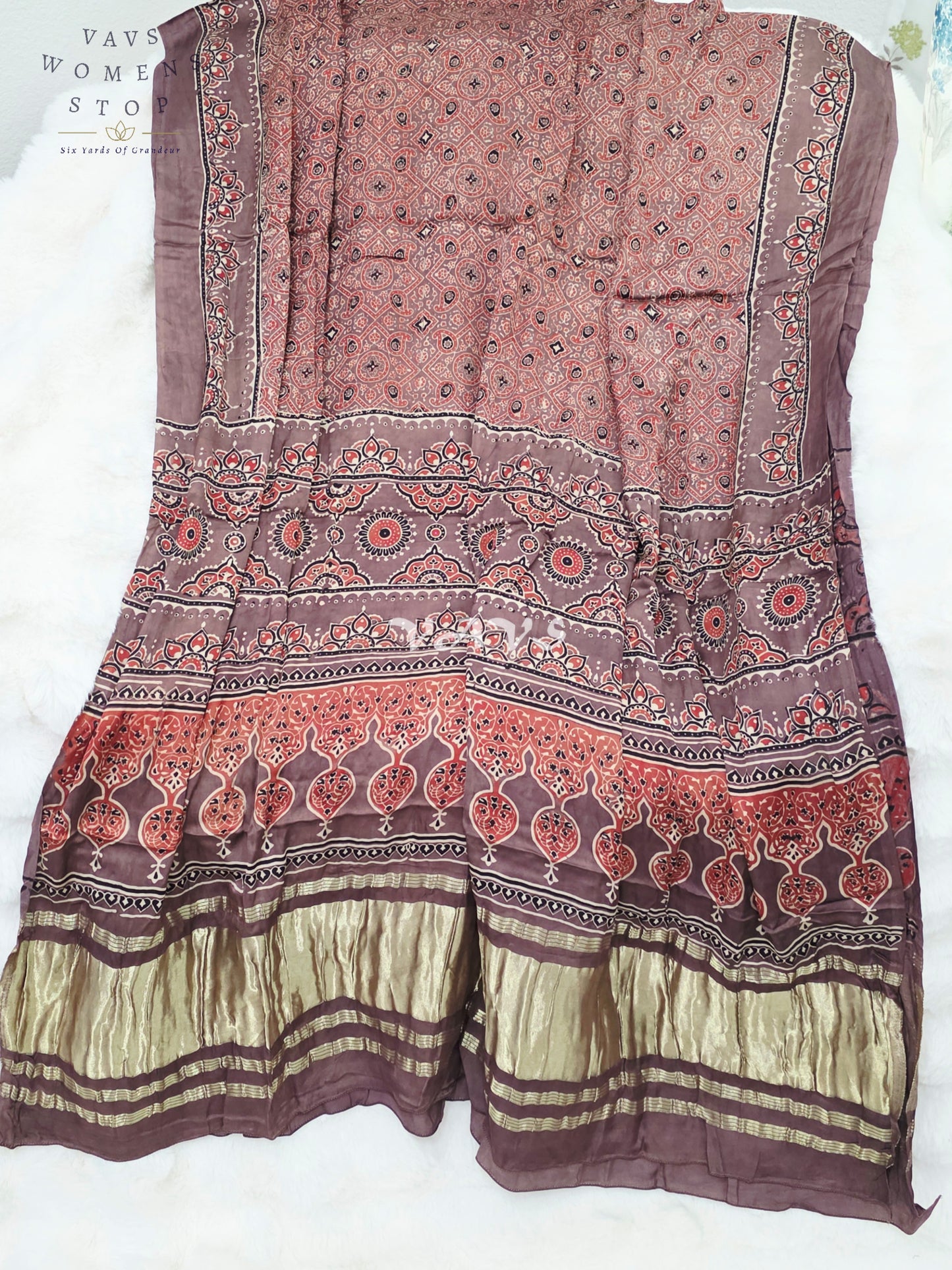 Royal Smoky Taupe, Terracotta Rust & Antique Gold Pure Modal Silk Ajrakh Handblock Print Dupatta | 2.5 Meter Designer Ethnic Dupatta for Lehengas & Dresses