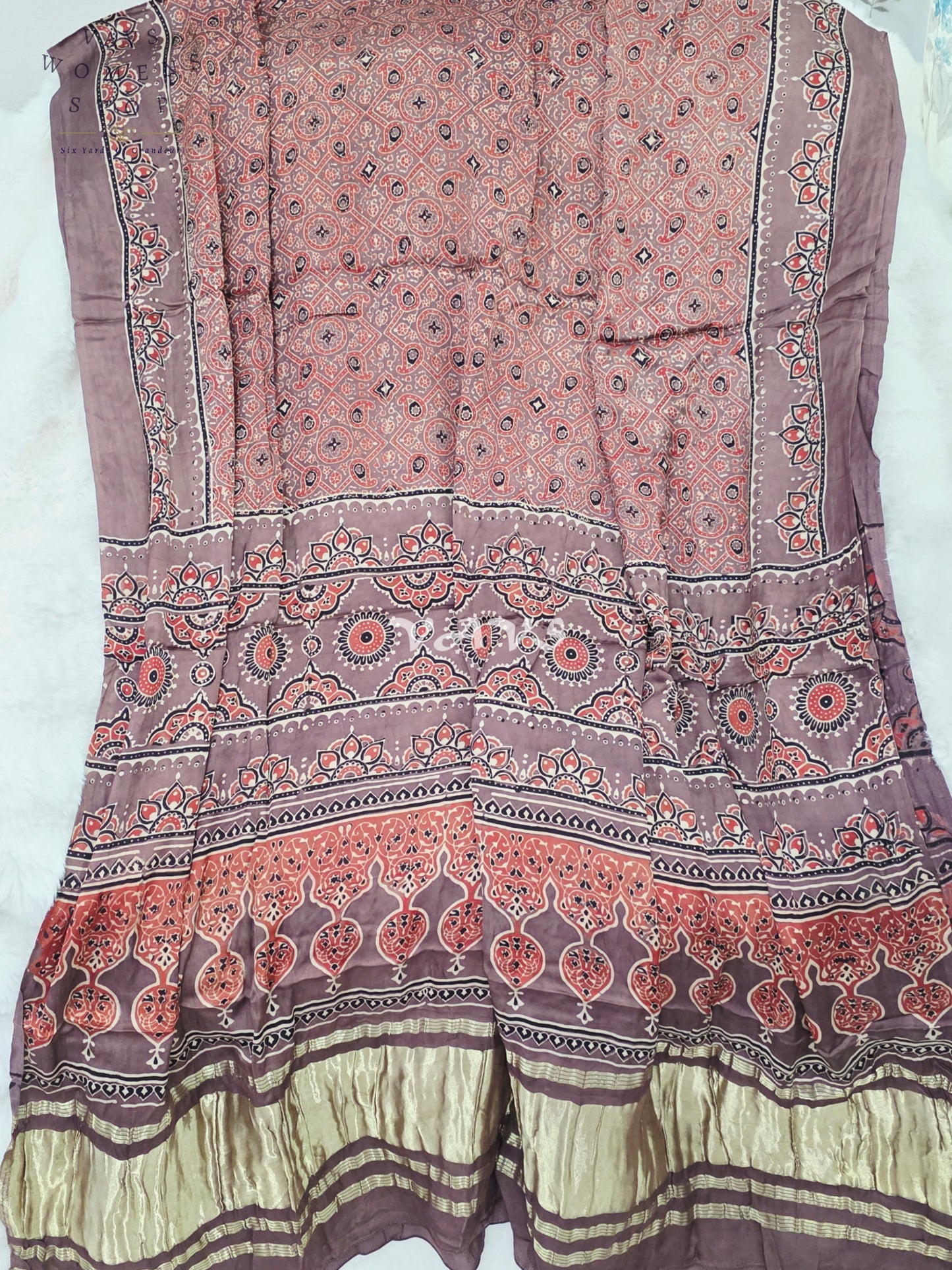Royal Smoky Taupe, Terracotta Rust & Antique Gold Pure Modal Silk Ajrakh Handblock Print Dupatta | 2.5 Meter Designer Ethnic Dupatta for Lehengas & Dresses