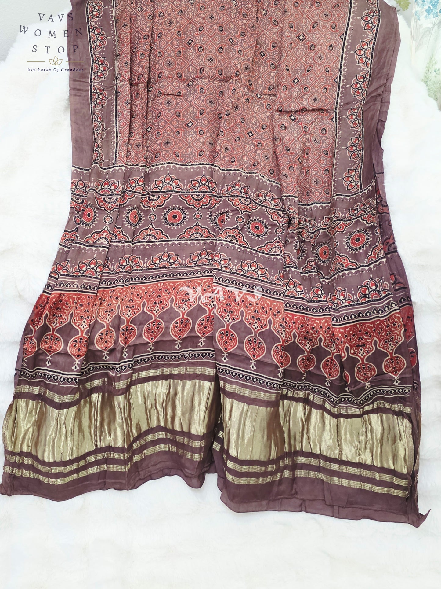 Royal Smoky Taupe, Terracotta Rust & Antique Gold Pure Modal Silk Ajrakh Handblock Print Dupatta | 2.5 Meter Designer Ethnic Dupatta for Lehengas & Dresses
