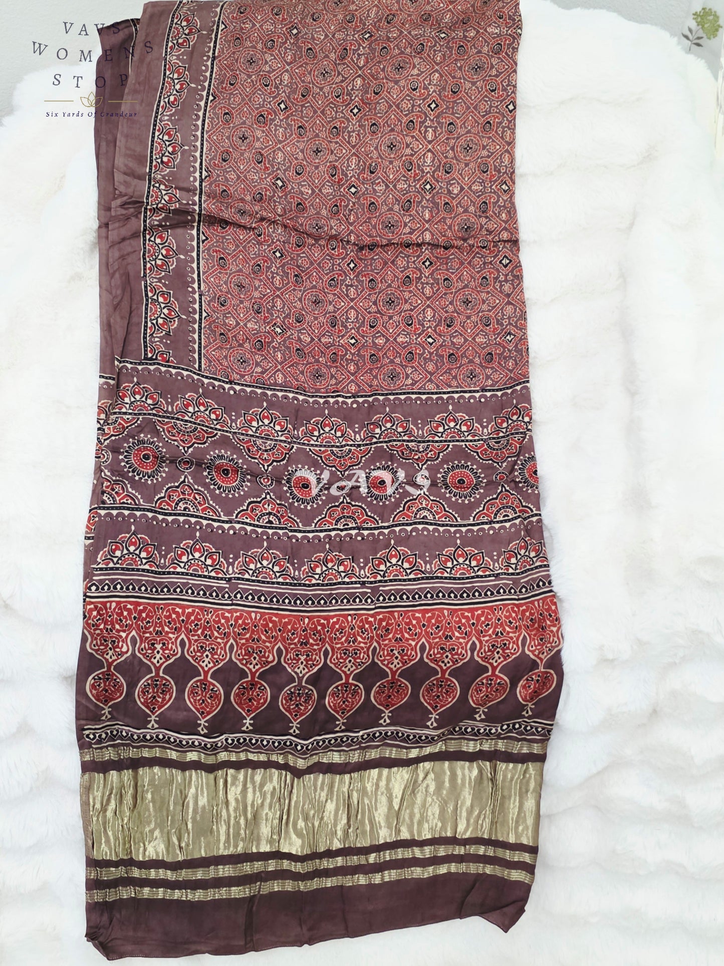 Royal Smoky Taupe, Terracotta Rust & Antique Gold Pure Modal Silk Ajrakh Handblock Print Dupatta | 2.5 Meter Designer Ethnic Dupatta for Lehengas & Dresses