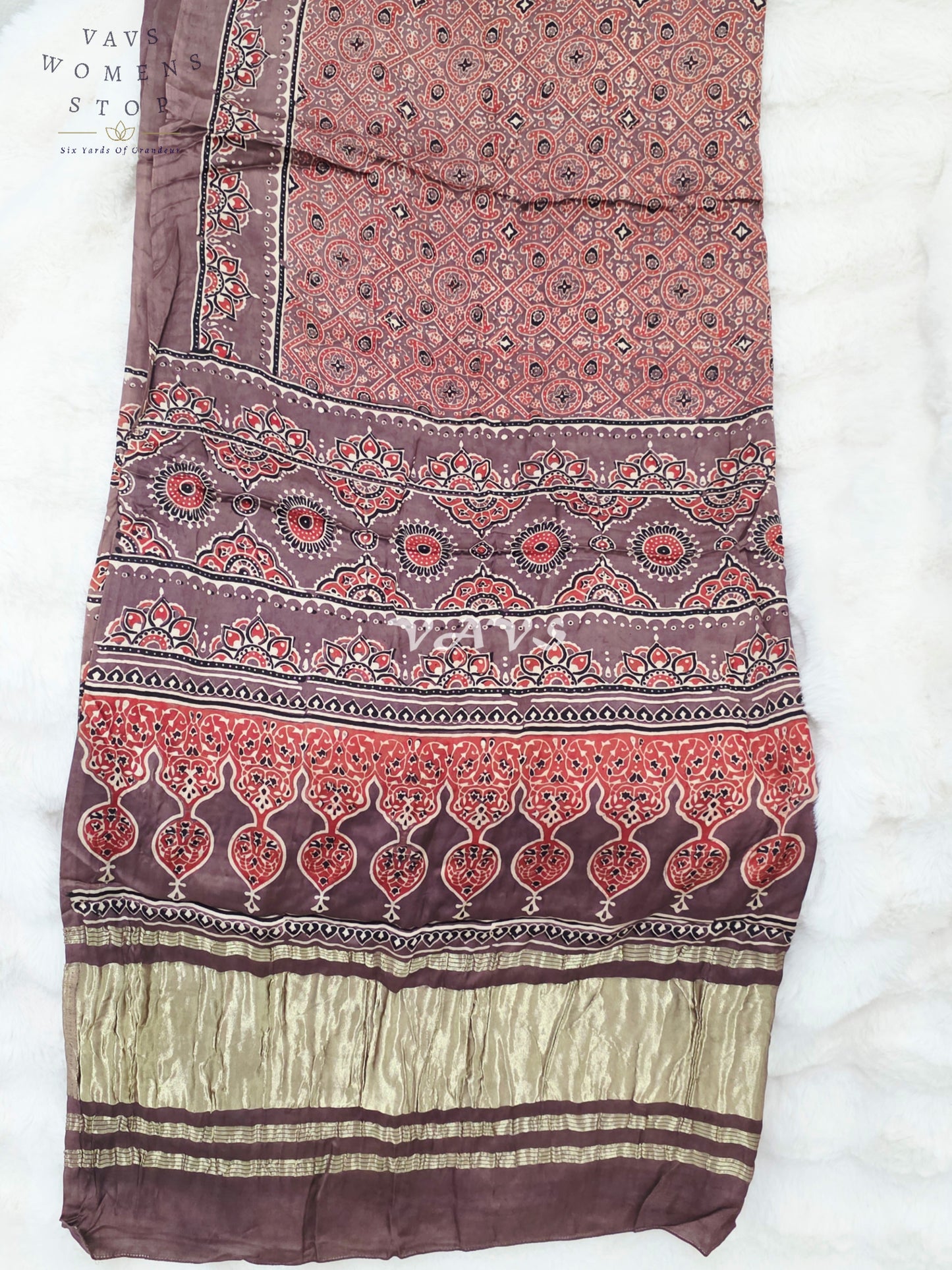 Royal Smoky Taupe, Terracotta Rust & Antique Gold Pure Modal Silk Ajrakh Handblock Print Dupatta | 2.5 Meter Designer Ethnic Dupatta for Lehengas & Dresses