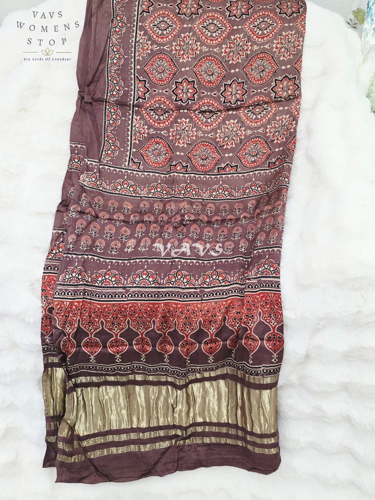 Royal Smoky Taupe, Terracotta Rust & Antique Gold Pure Modal Silk Ajrakh Handblock Print Dupatta | 2.5 Meter Designer Ethnic Dupatta for Lehengas & Dresses