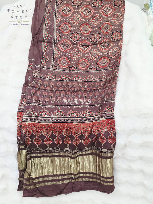 Royal Smoky Taupe, Terracotta Rust & Antique Gold Pure Modal Silk Ajrakh Handblock Print Dupatta | 2.5 Meter Designer Ethnic Dupatta for Lehengas & Dresses