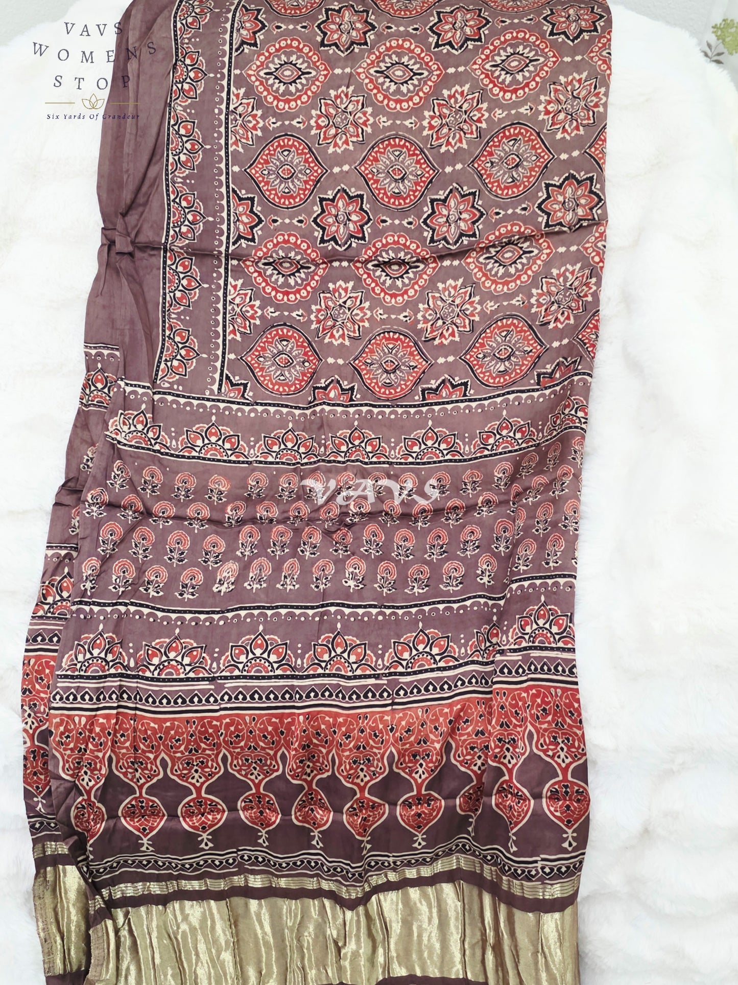 Royal Smoky Taupe, Terracotta Rust & Antique Gold Pure Modal Silk Ajrakh Handblock Print Dupatta | 2.5 Meter Designer Ethnic Dupatta for Lehengas & Dresses