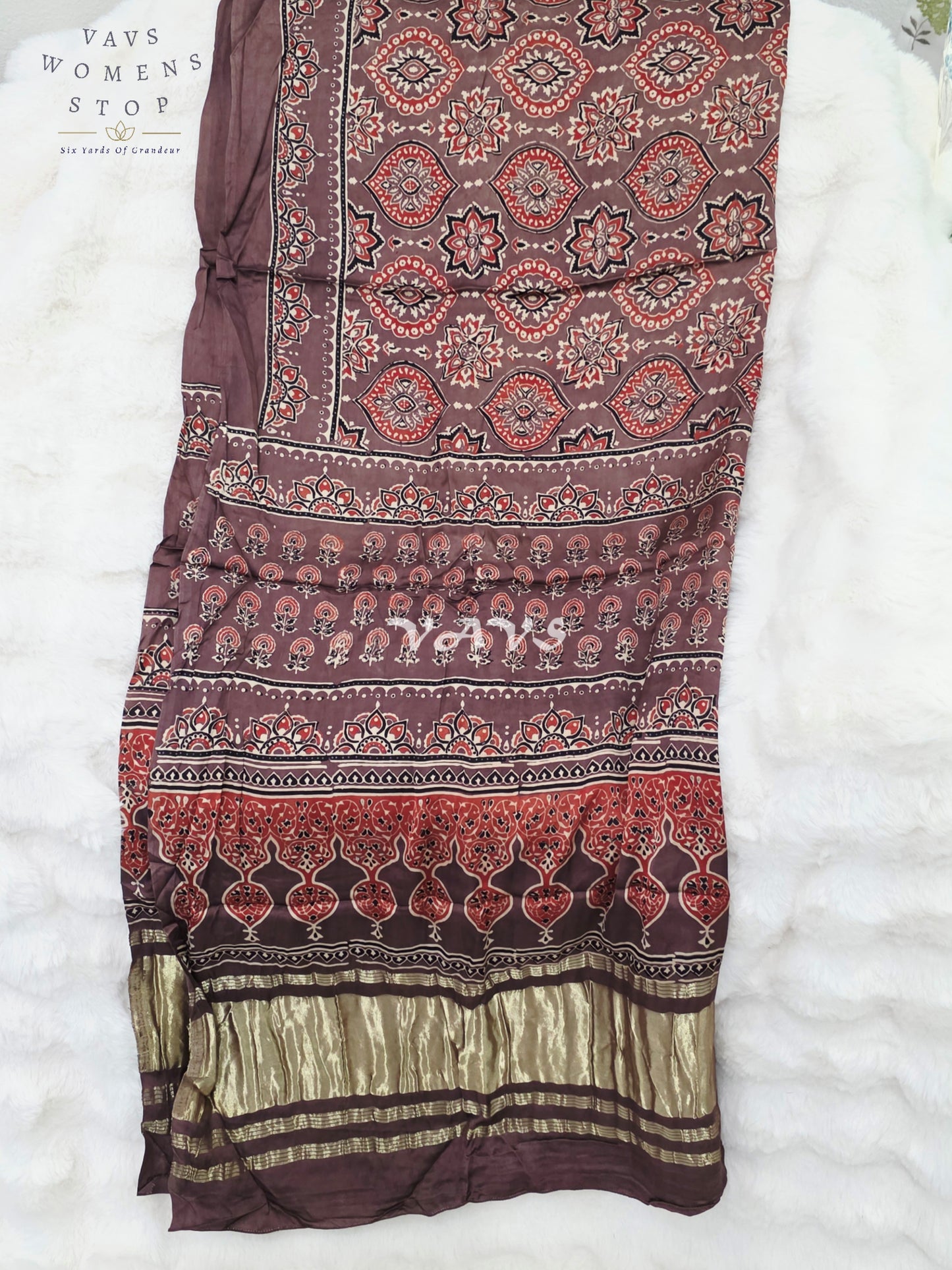 Royal Smoky Taupe, Terracotta Rust & Antique Gold Pure Modal Silk Ajrakh Handblock Print Dupatta | 2.5 Meter Designer Ethnic Dupatta for Lehengas & Dresses