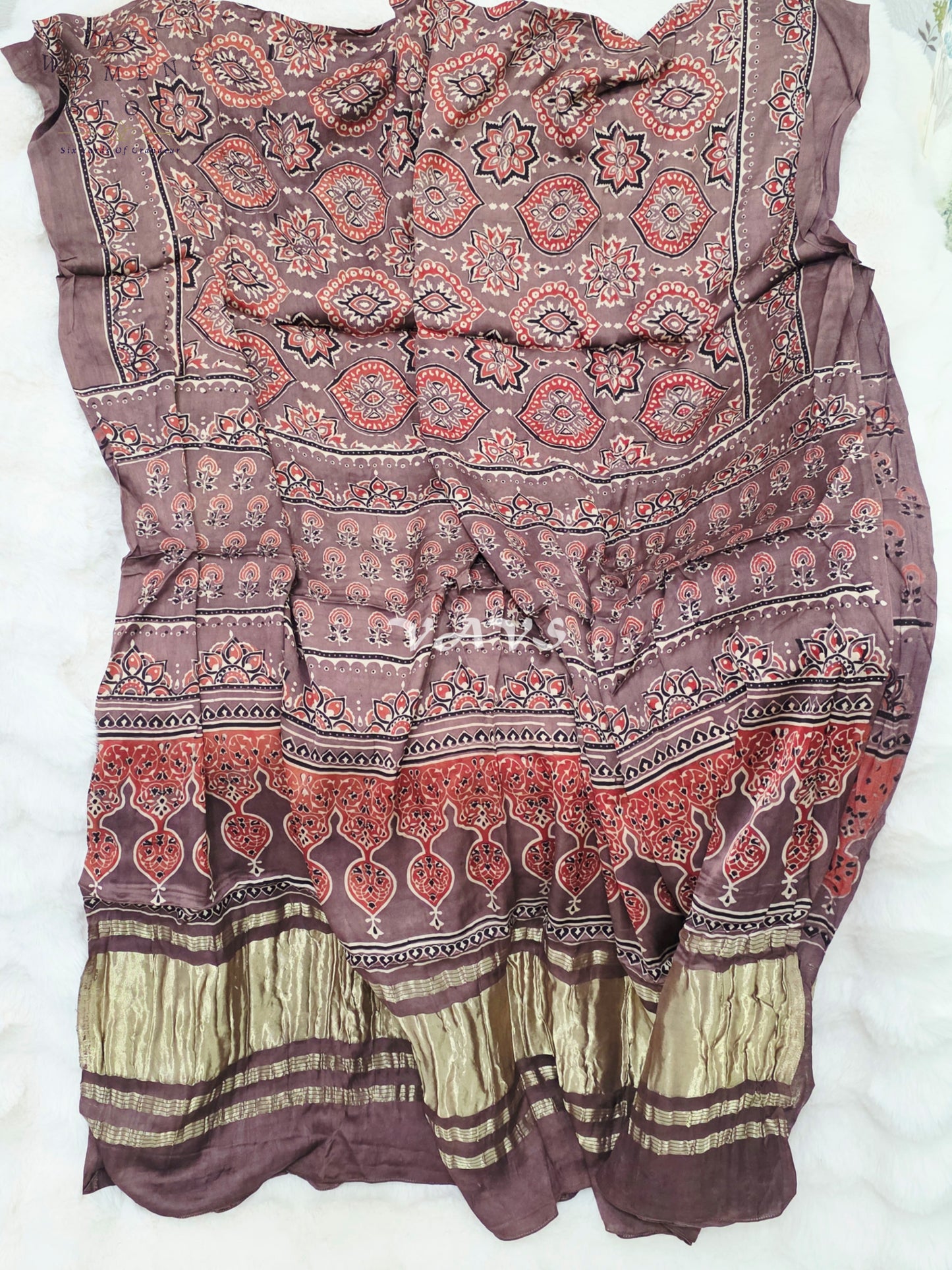 Royal Smoky Taupe, Terracotta Rust & Antique Gold Pure Modal Silk Ajrakh Handblock Print Dupatta | 2.5 Meter Designer Ethnic Dupatta for Lehengas & Dresses