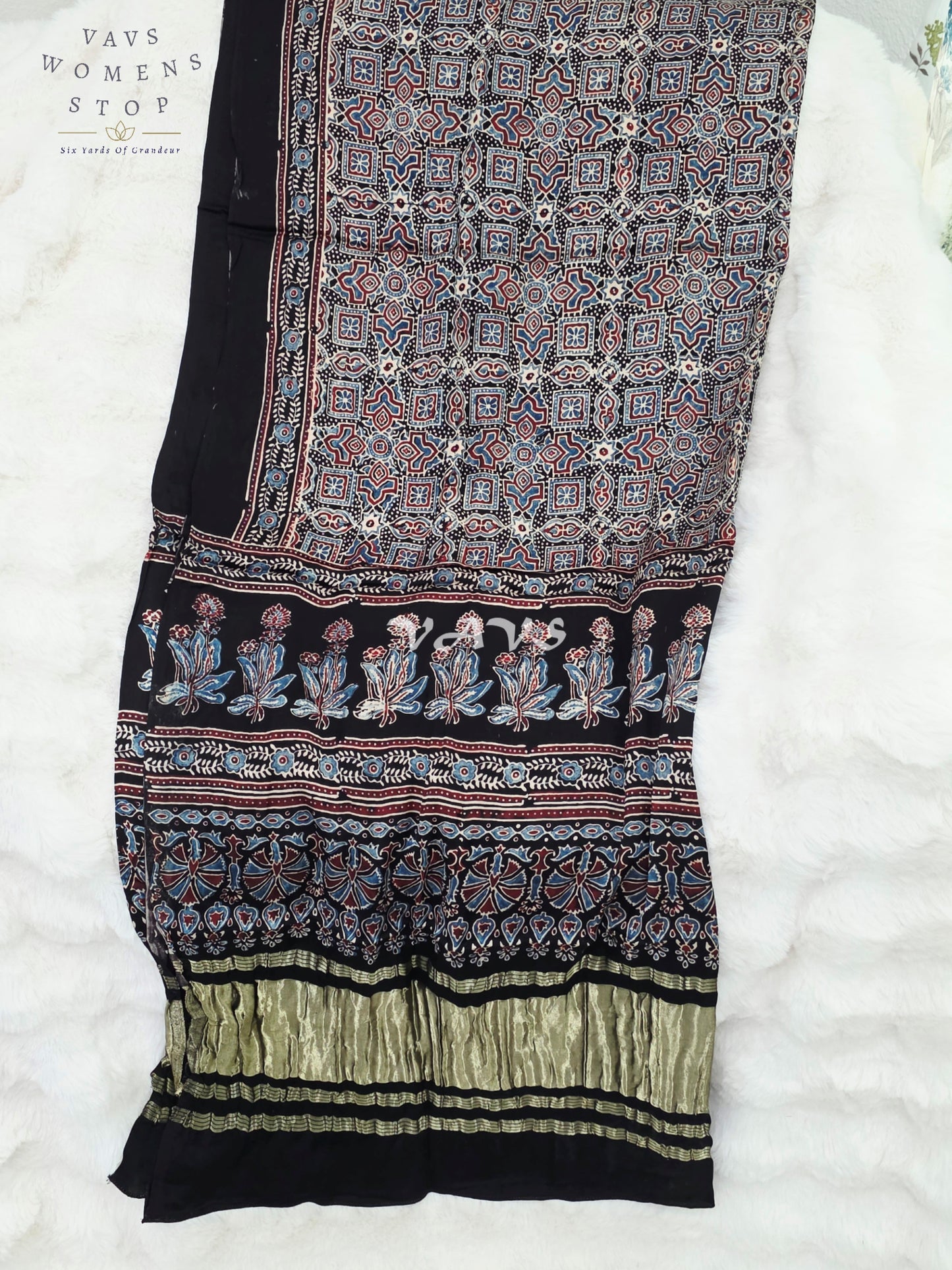Royal Midnight Black, Powder Blue & Antique Gold Pure Modal Silk Ajrakh Handblock Print Dupatta | 2.5 Meter Designer Ethnic Dupatta for Lehengas & Dresses