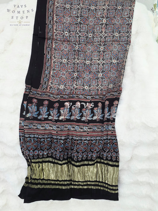 Royal Midnight Black, Powder Blue & Antique Gold Pure Modal Silk Ajrakh Handblock Print Dupatta | 2.5 Meter Designer Ethnic Dupatta for Lehengas & Dresses