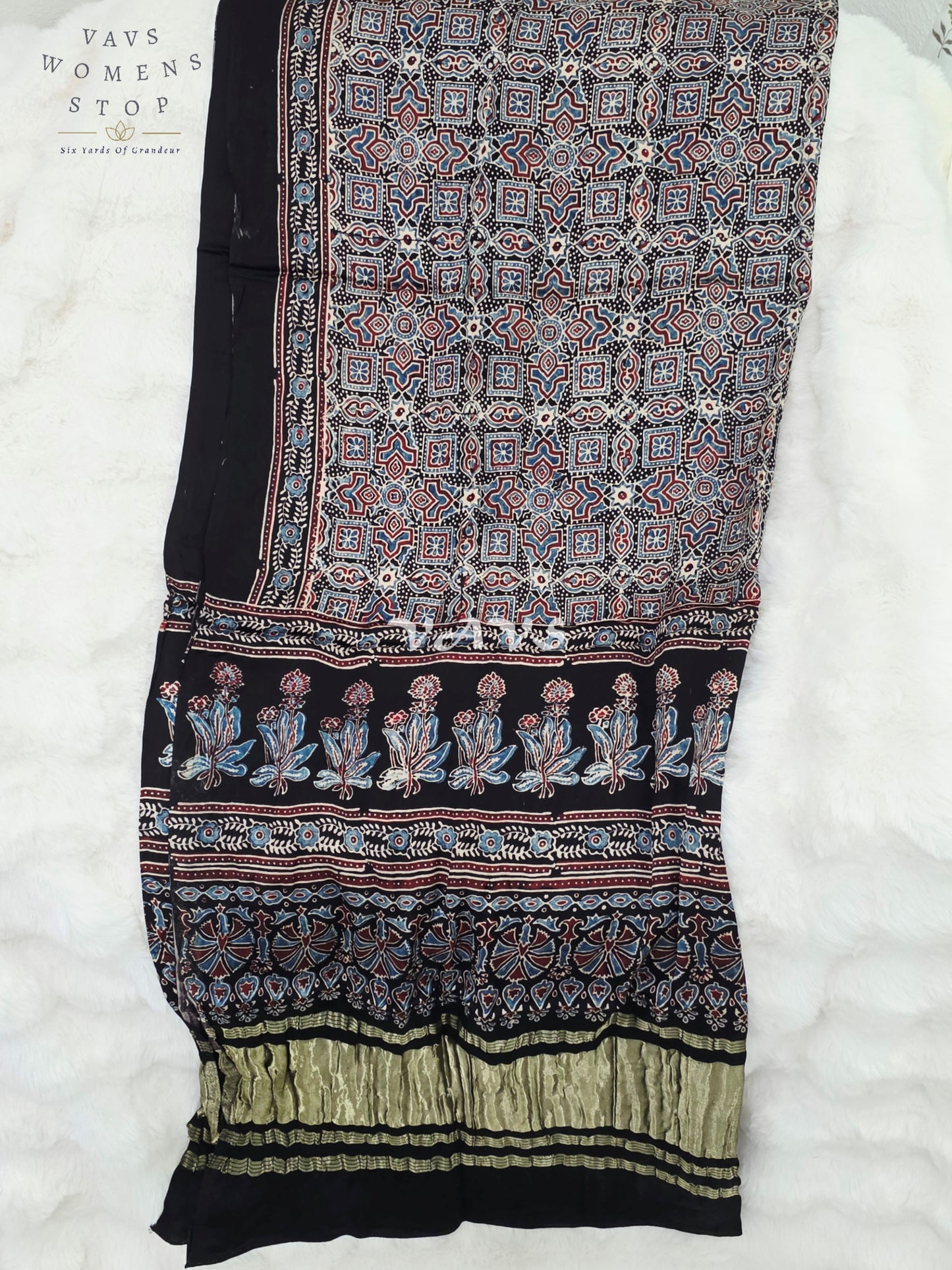 Royal Midnight Black, Powder Blue & Antique Gold Pure Modal Silk Ajrakh Handblock Print Dupatta | 2.5 Meter Designer Ethnic Dupatta for Lehengas & Dresses