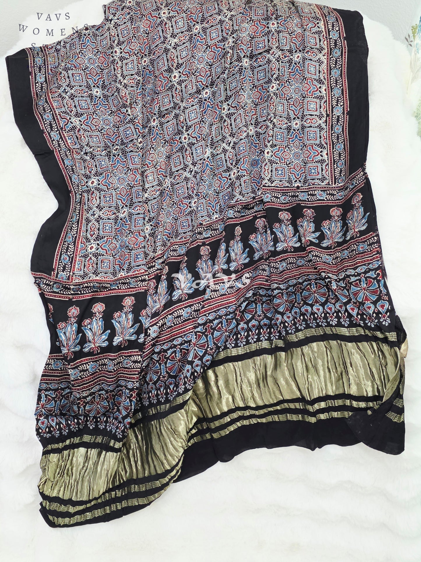 Royal Midnight Black, Powder Blue & Antique Gold Pure Modal Silk Ajrakh Handblock Print Dupatta | 2.5 Meter Designer Ethnic Dupatta for Lehengas & Dresses