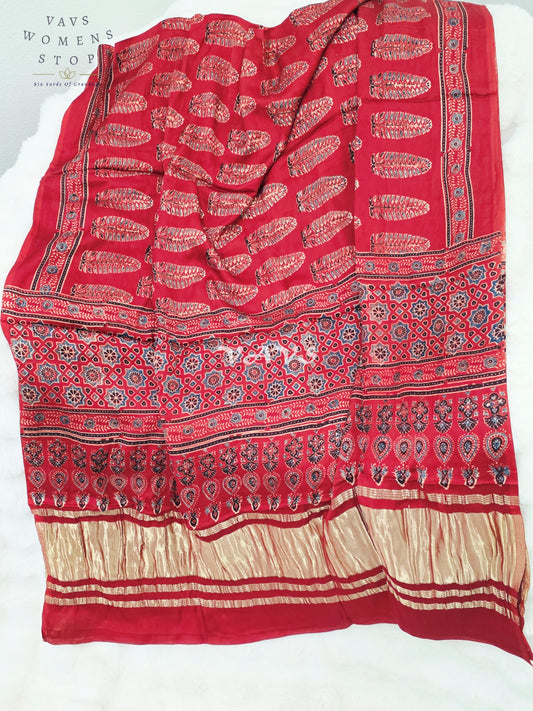 Royal Crimson Red & Antique Gold Pure Modal Silk Ajrakh Handblock Print Dupatta | 2.5 Meter Traditional Artisan Stole for Lehengas, Dresses & Ethnic Wear