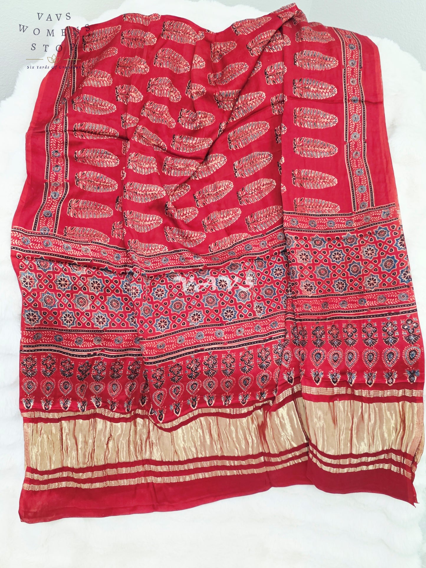Royal Crimson Red & Antique Gold Pure Modal Silk Ajrakh Handblock Print Dupatta | 2.5 Meter Traditional Artisan Stole for Lehengas, Dresses & Ethnic Wear