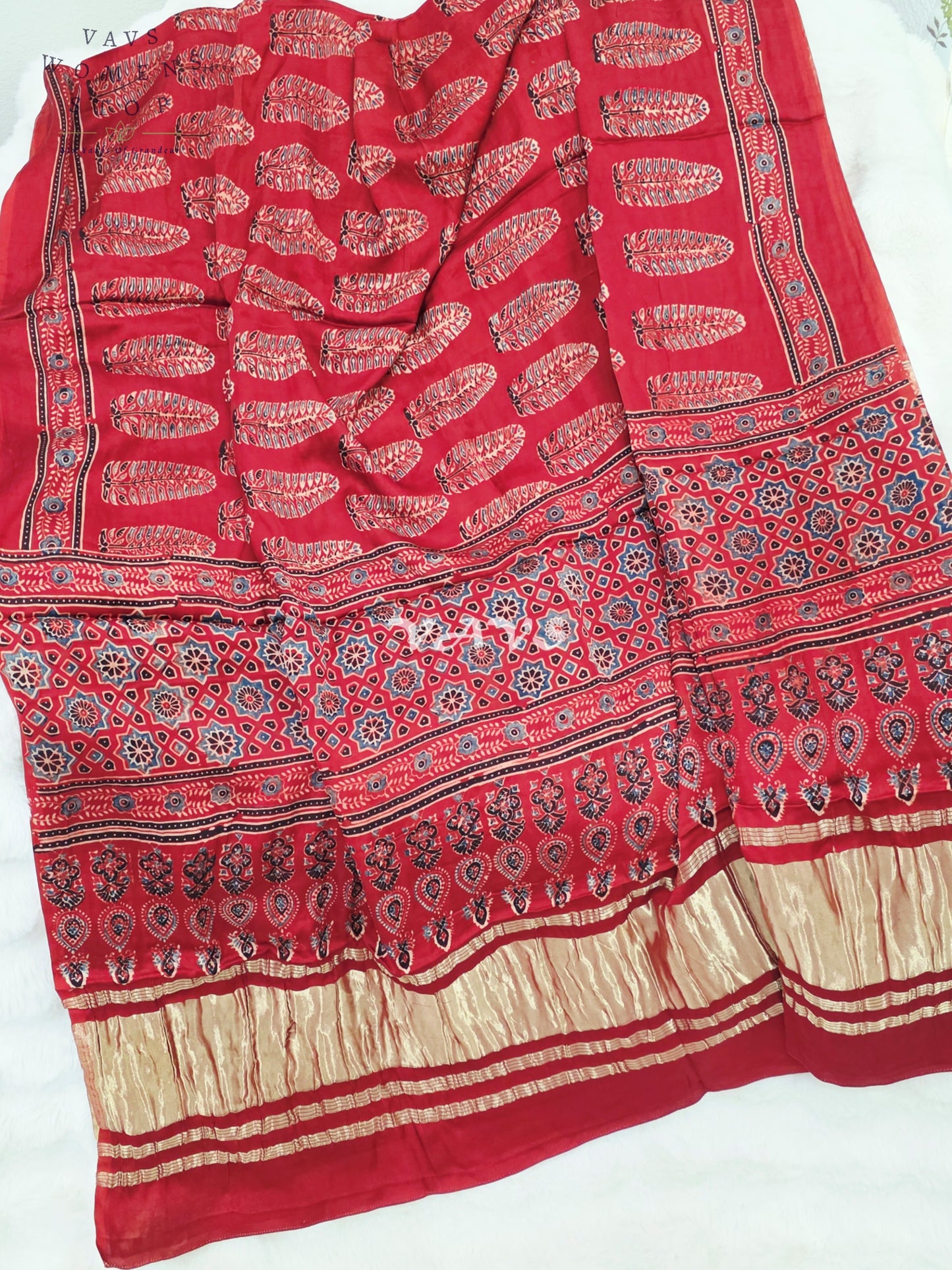 Royal Crimson Red & Antique Gold Pure Modal Silk Ajrakh Handblock Print Dupatta | 2.5 Meter Traditional Artisan Stole for Lehengas, Dresses & Ethnic Wear