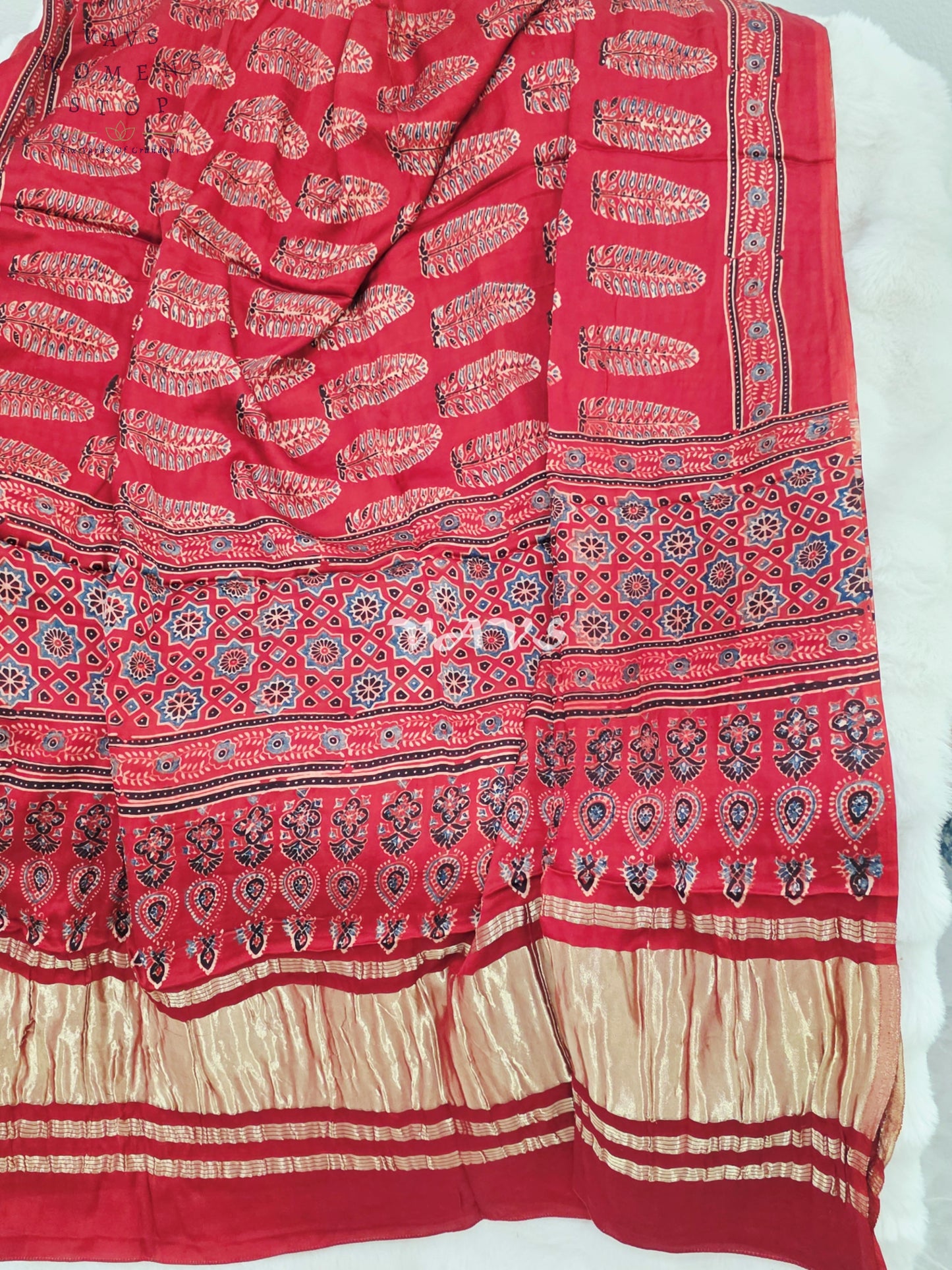 Royal Crimson Red & Antique Gold Pure Modal Silk Ajrakh Handblock Print Dupatta | 2.5 Meter Traditional Artisan Stole for Lehengas, Dresses & Ethnic Wear