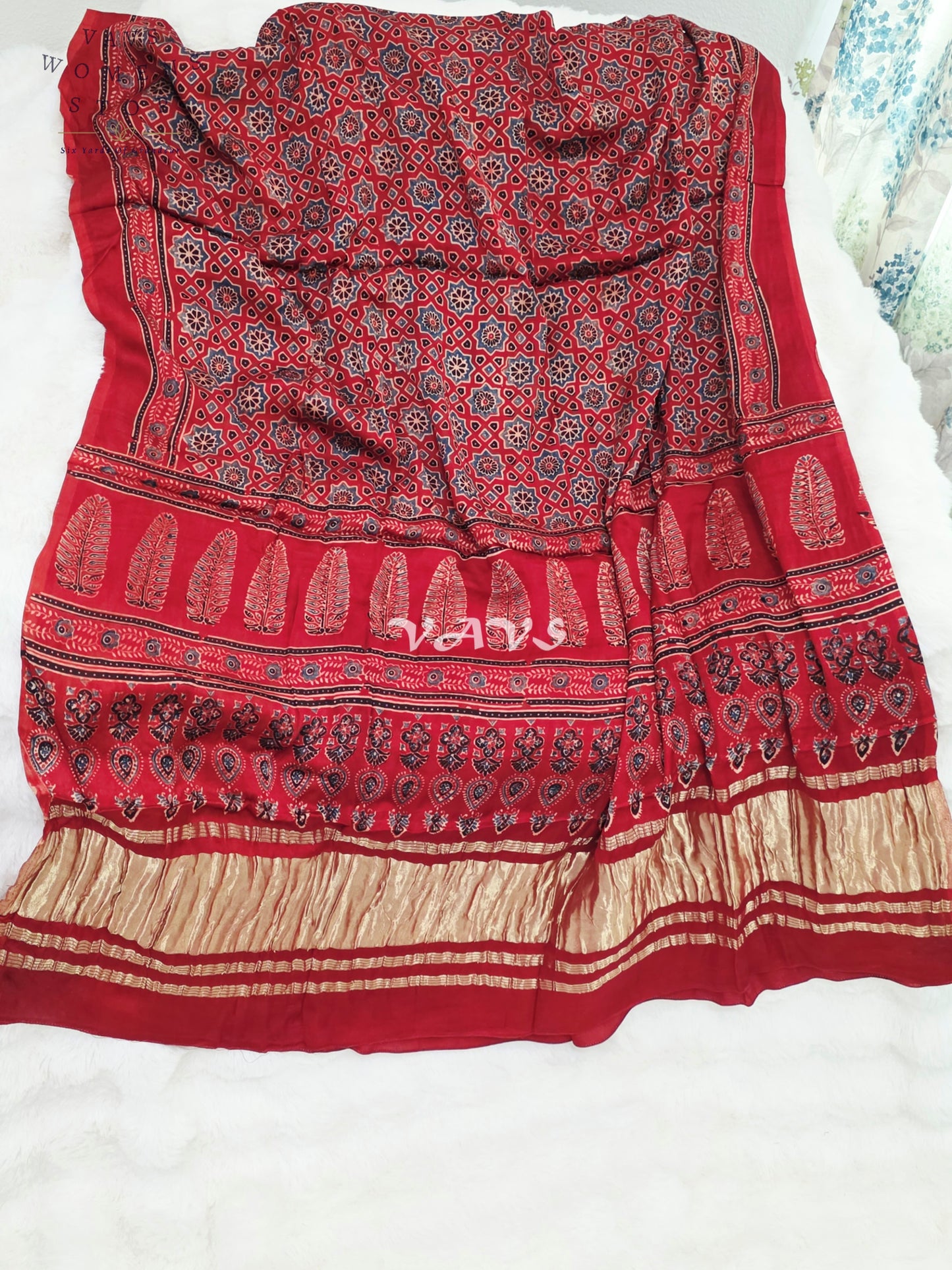 Royal Crimson Red & Antique Gold Pure Modal Silk Ajrakh Handblock Print Dupatta | 2.5 Meter Traditional Artisan Stole for Lehengas, Dresses & Ethnic Wear