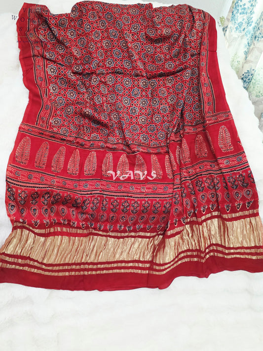 Royal Crimson Red & Antique Gold Pure Modal Silk Ajrakh Handblock Print Dupatta | 2.5 Meter Traditional Artisan Stole for Lehengas, Dresses & Ethnic Wear