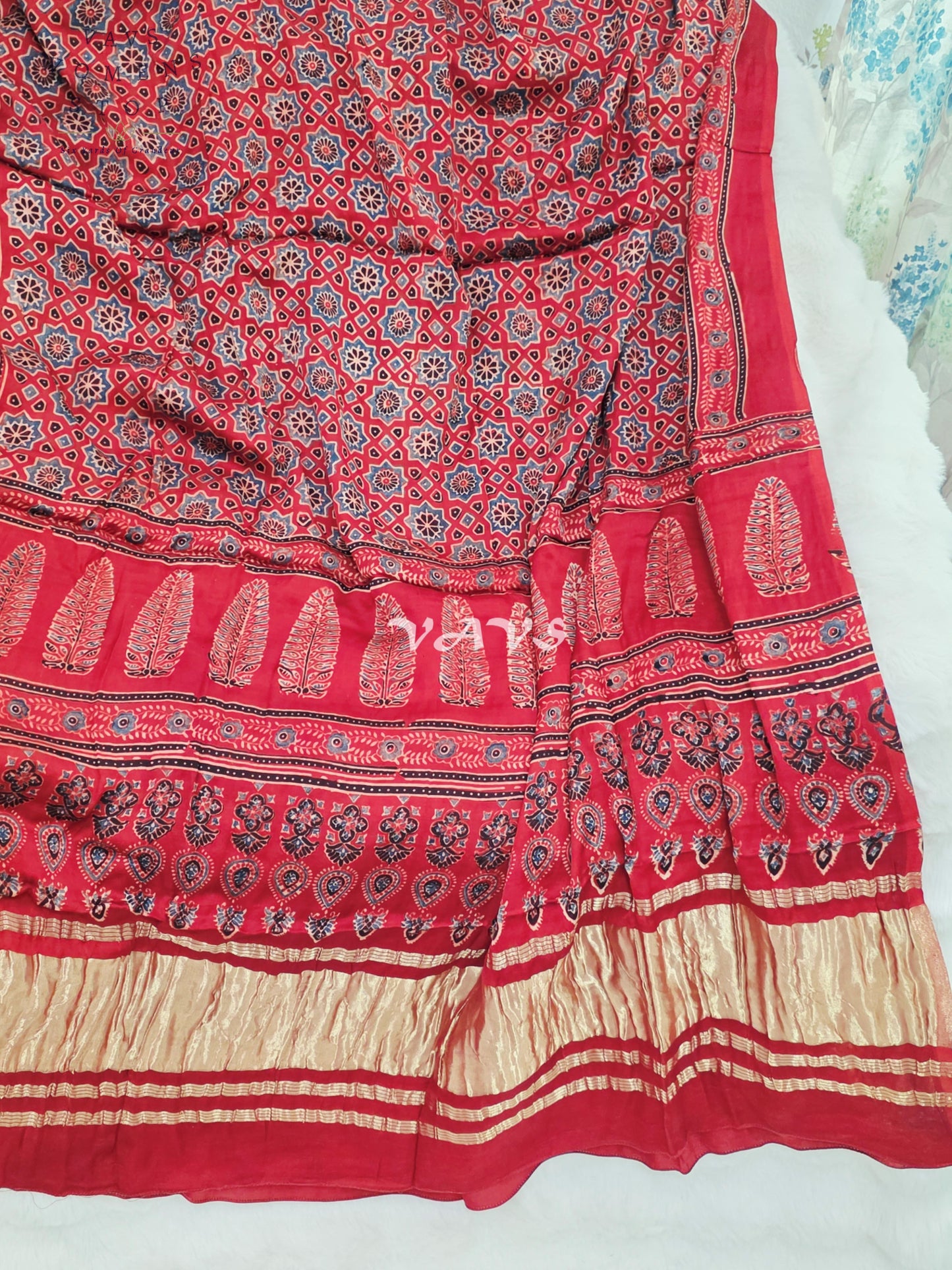 Royal Crimson Red & Antique Gold Pure Modal Silk Ajrakh Handblock Print Dupatta | 2.5 Meter Traditional Artisan Stole for Lehengas, Dresses & Ethnic Wear
