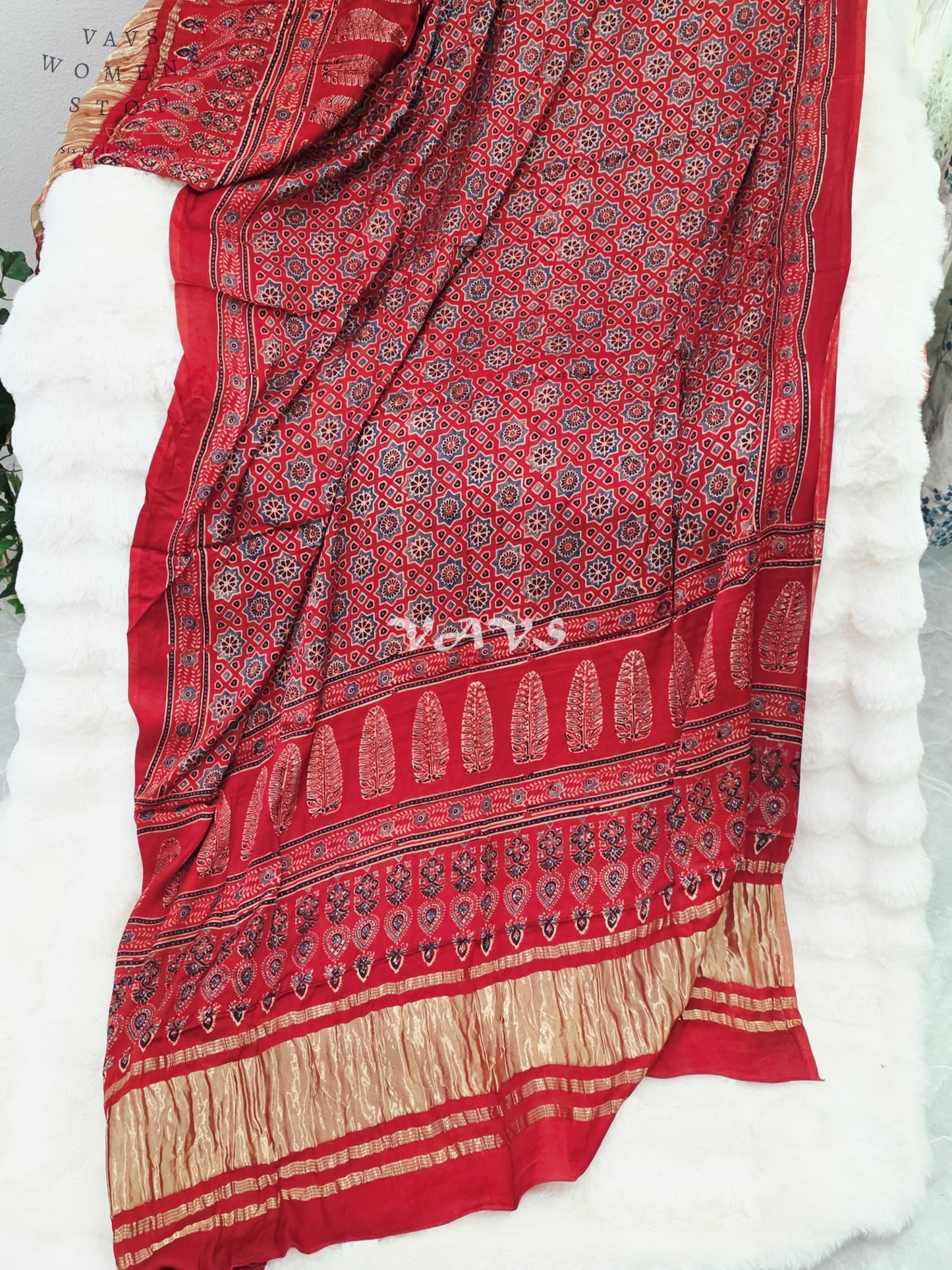 Royal Crimson Red & Antique Gold Pure Modal Silk Ajrakh Handblock Print Dupatta | 2.5 Meter Traditional Artisan Stole for Lehengas, Dresses & Ethnic Wear