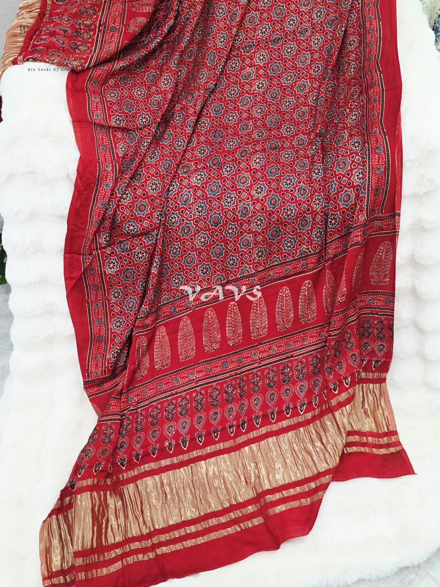 Royal Crimson Red & Antique Gold Pure Modal Silk Ajrakh Handblock Print Dupatta | 2.5 Meter Traditional Artisan Stole for Lehengas, Dresses & Ethnic Wear