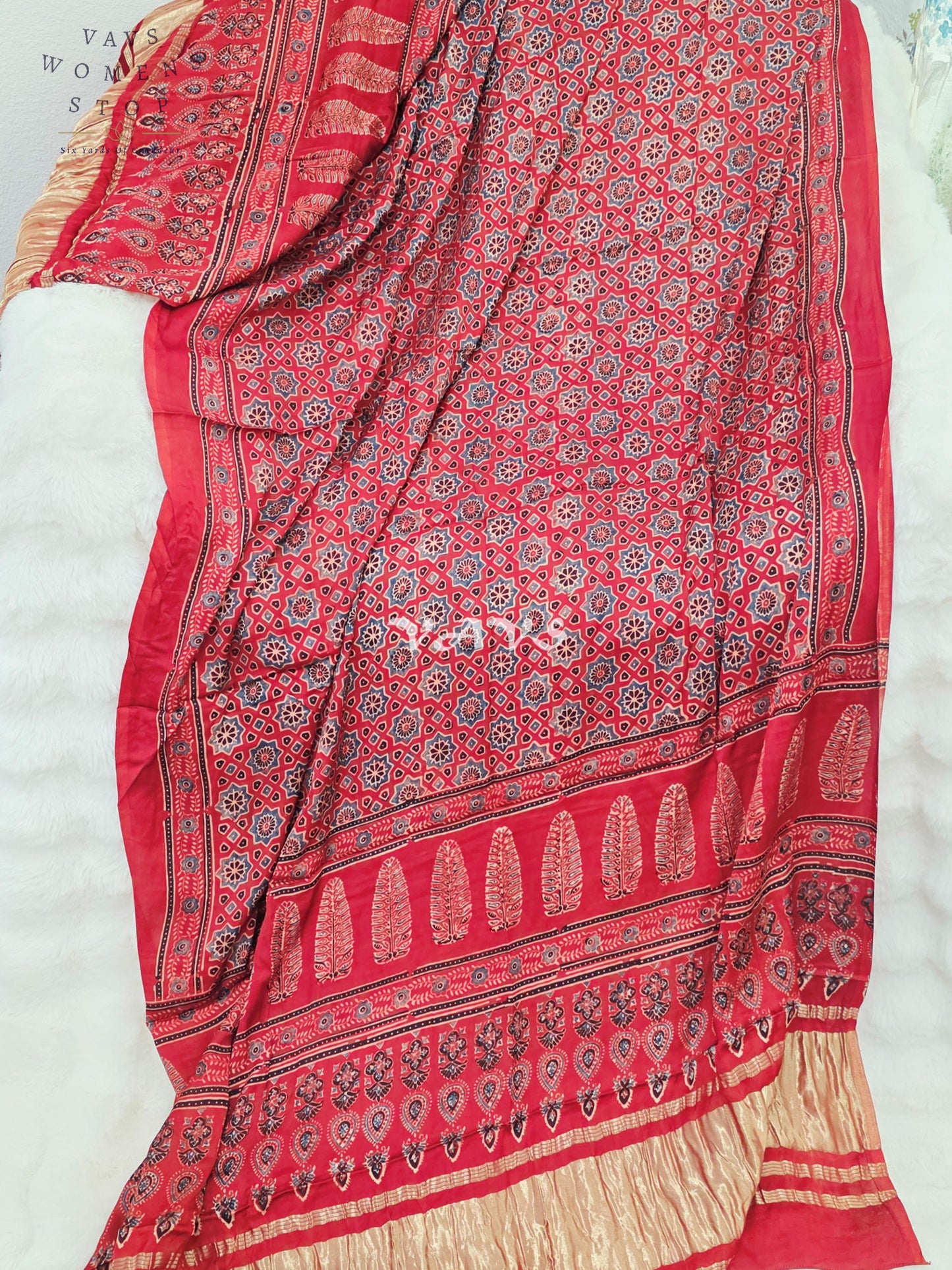 Royal Crimson Red & Antique Gold Pure Modal Silk Ajrakh Handblock Print Dupatta | 2.5 Meter Traditional Artisan Stole for Lehengas, Dresses & Ethnic Wear