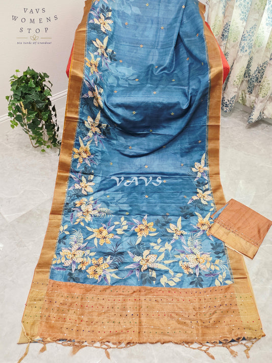 Royal Steel Blue Semi Tussar Knot Embroidery Designer Saree with Floral Print & Unstitched Blouse Piece