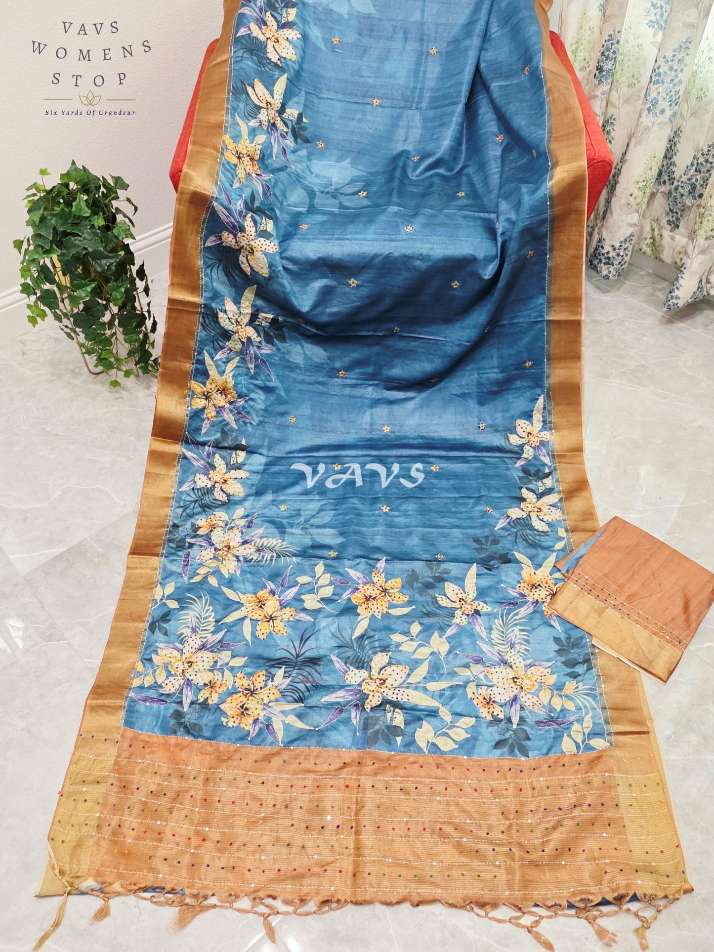 Royal Steel Blue Semi Tussar Knot Embroidery Designer Saree with Floral Print & Unstitched Blouse Piece