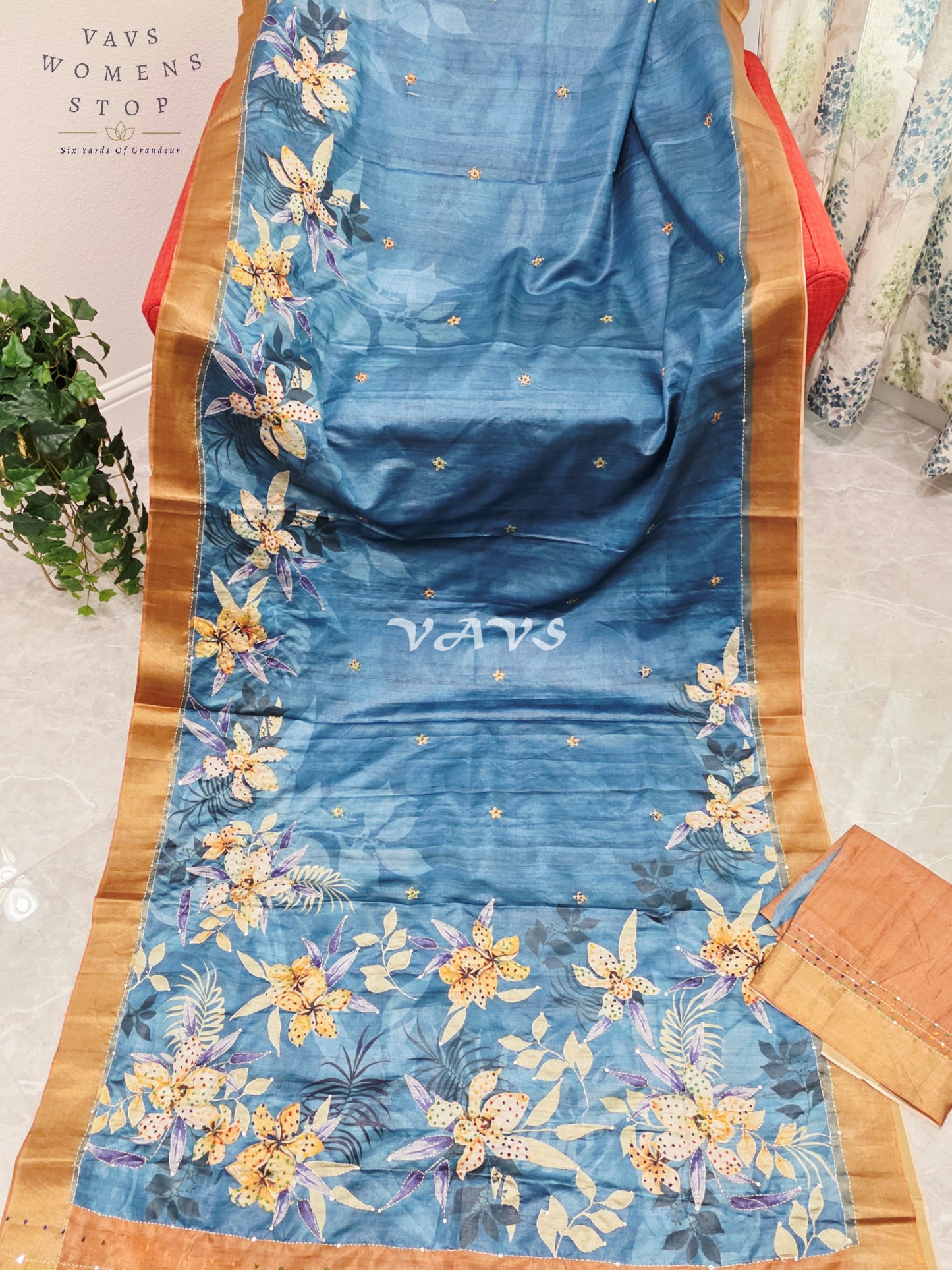 Royal Steel Blue Semi Tussar Knot Embroidery Designer Saree with Floral Print & Unstitched Blouse Piece