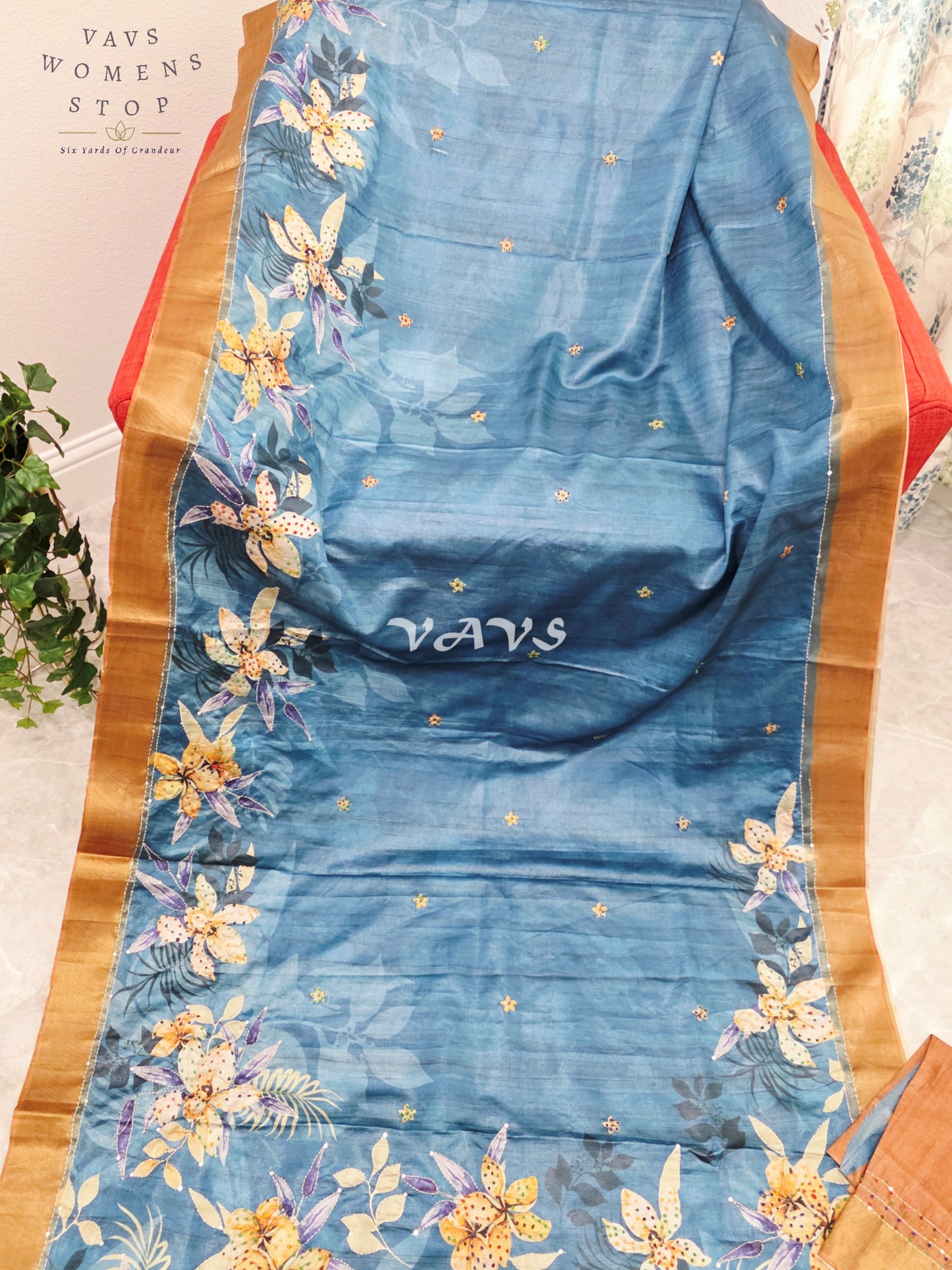 Royal Steel Blue Semi Tussar Knot Embroidery Designer Saree with Floral Print & Unstitched Blouse Piece
