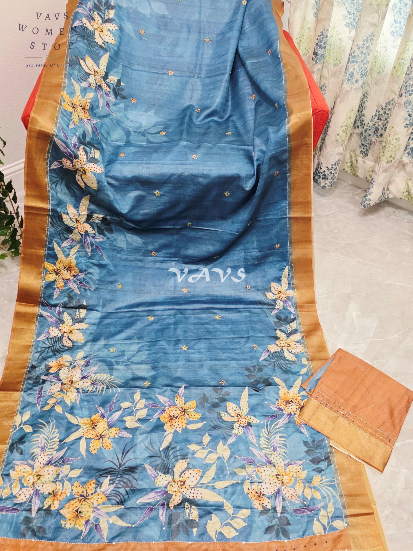 Royal Steel Blue Semi Tussar Knot Embroidery Designer Saree with Floral Print & Unstitched Blouse Piece