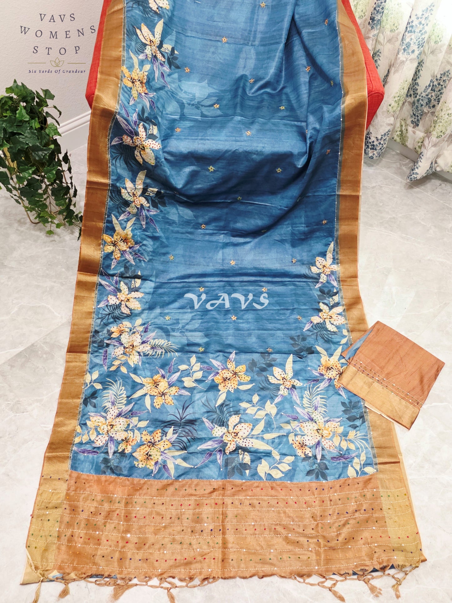 Royal Steel Blue Semi Tussar Knot Embroidery Designer Saree with Floral Print & Unstitched Blouse Piece